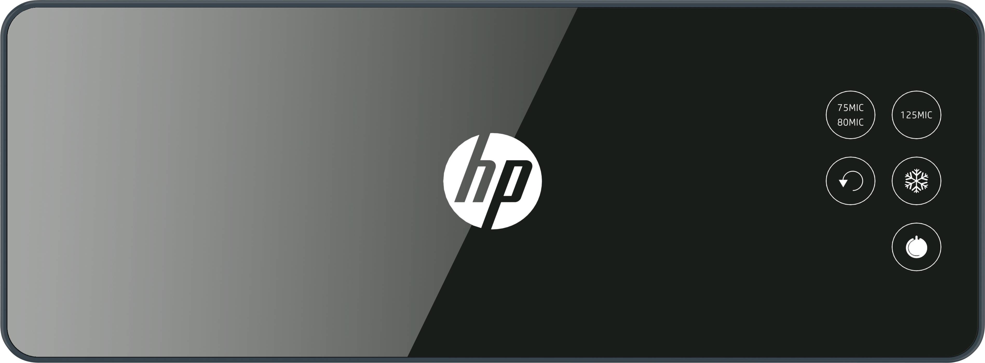 Ein schwarzes Bedienfeld mit 'hp'-Logo in der Mitte. Rechts befinden sich vier kreisförmige Tasten mit Symbolen für Funktionen.