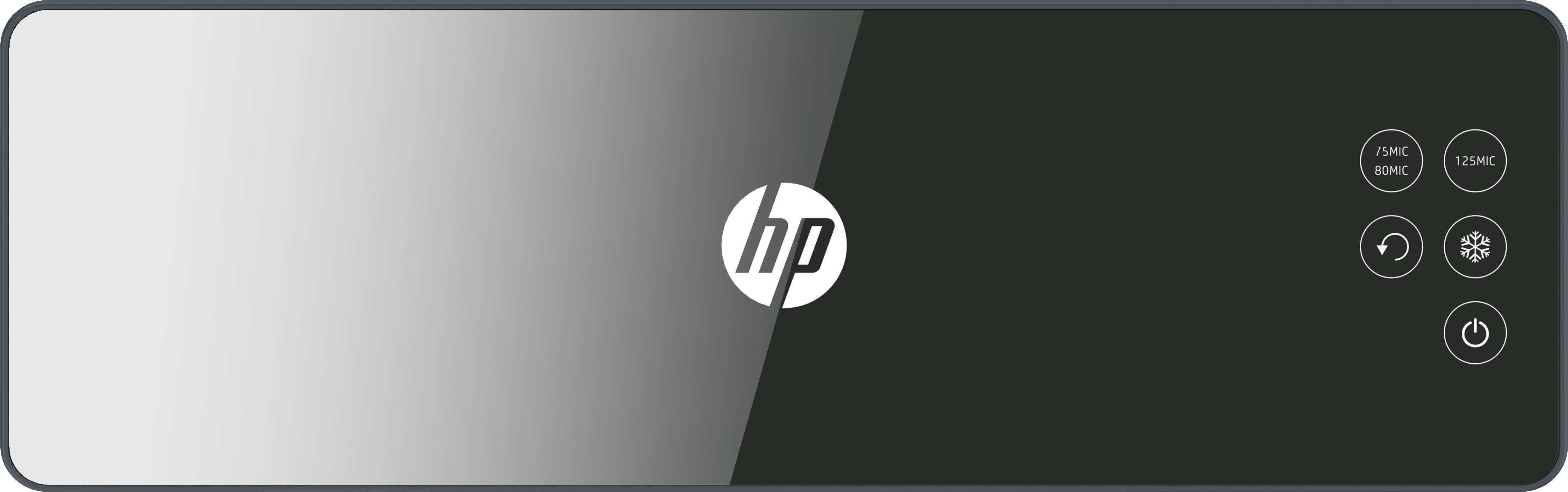 Eine schwarze Glasoberfläche eines Geräts mit dem HP-Logo in der Mitte. Rechts sind vier Berührungskontrollen für verschiedene Funktionen.