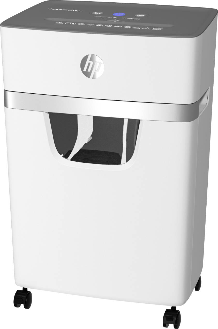 HP OneShred 10MC Aktenvernichter 10 Blatt Partikelschnitt 2 x 15mm P-5 20l Vernichtet auch Büroklammern, Kreditkarte, Heftklammern