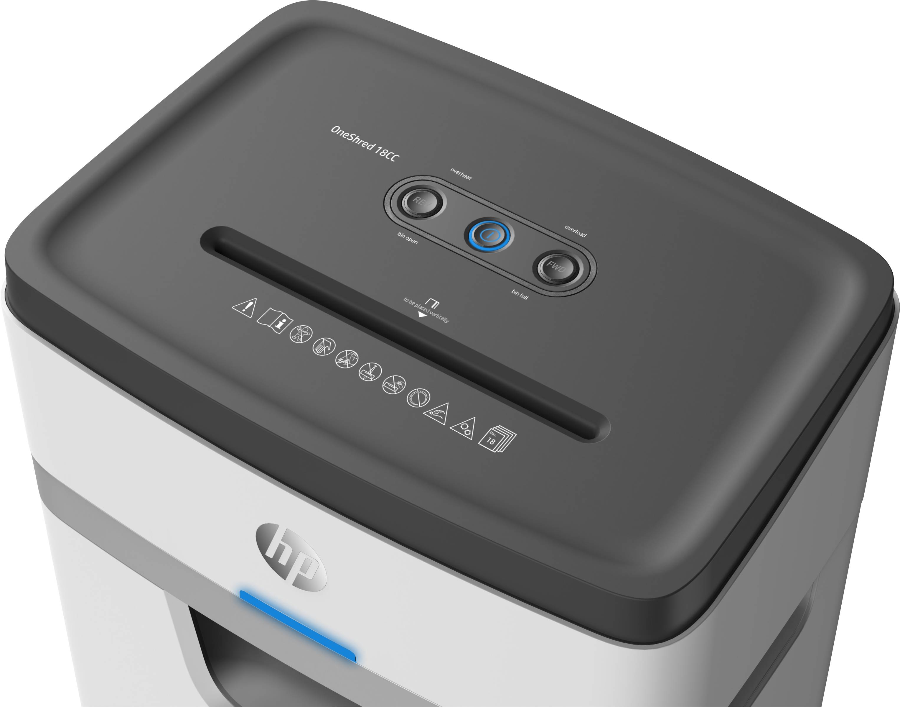 HP OneShred 18CC Aktenvernichter 18 Blatt Partikelschnitt 4 x 35 mm P-4 25 l Vernichtet auch Büroklammern, Kreditkarten, Heftklammern