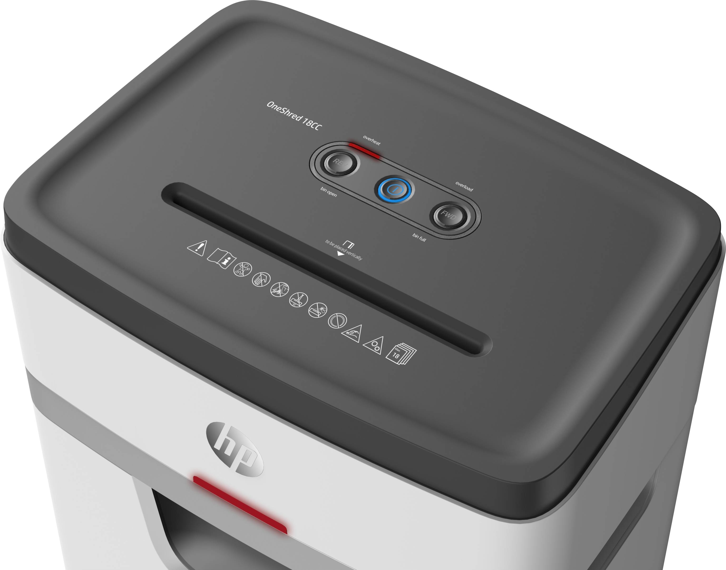 HP OneShred 18CC Aktenvernichter 18 Blatt Partikelschnitt 4 x 35 mm P-4 25 l Vernichtet auch Büroklammern, Kreditkarten, Heftklammern