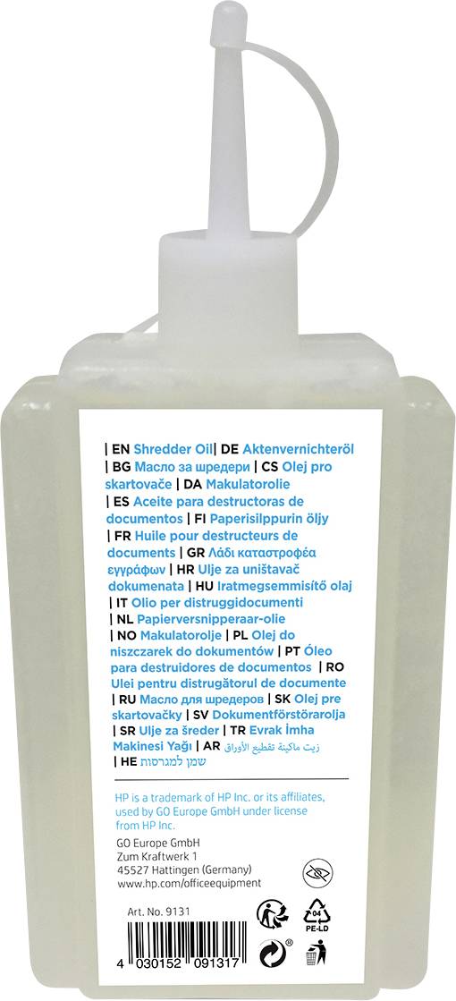 Eine Flasche Aktenvernichter-Öl, das für die Wartung von Aktenvernichtern verwendet wird. Mehrsprachige Aufschrift über die Verwendung.