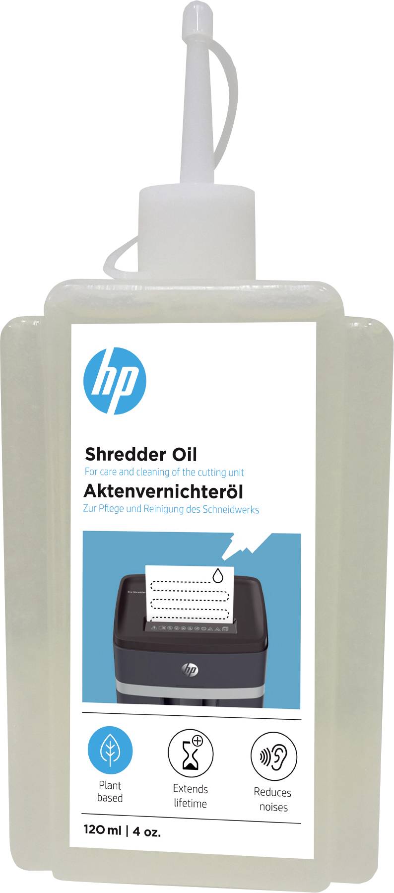 Plastikflasche mit HP Aktenvernichteröl, 120 ml. Aufdruck zeigt Bild eines Aktenvernichters und Hinweise zur Pflege des Geräts.