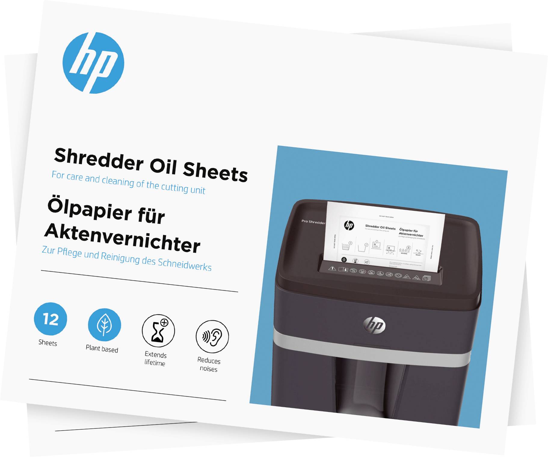 'Ölpapier für Aktenvernichter' von HP. Auf der Verpackung stehen Vorteile: 12 Blätter, pflanzlich, verlängert Lebensdauer, reduziert Geräusche.