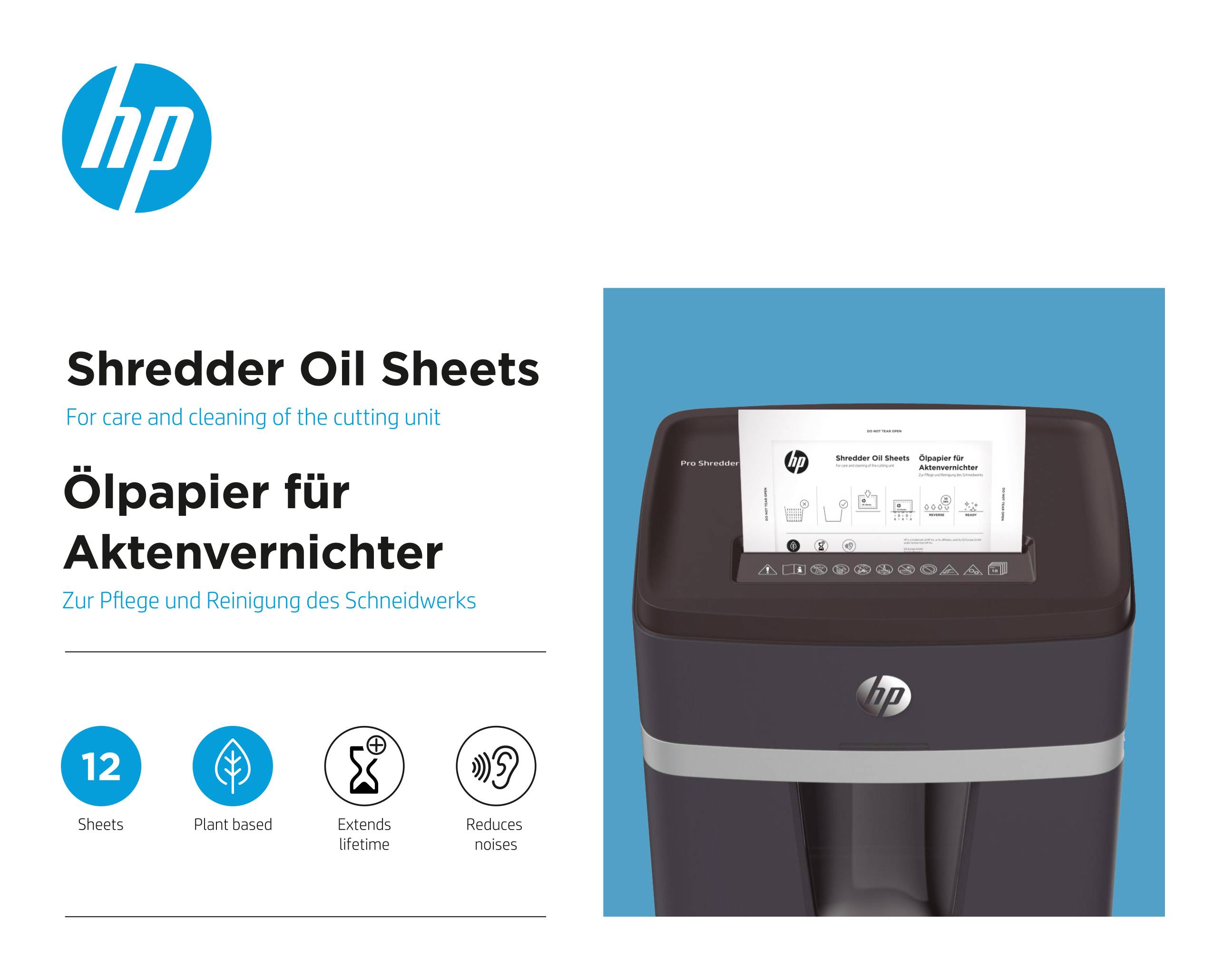 'Ölpapier für Aktenvernichter' neben einem Bild eines Aktenvernichters. 12 Blätter, pflanzenbasiert. Verlängert Lebensdauer, reduziert Lärm.