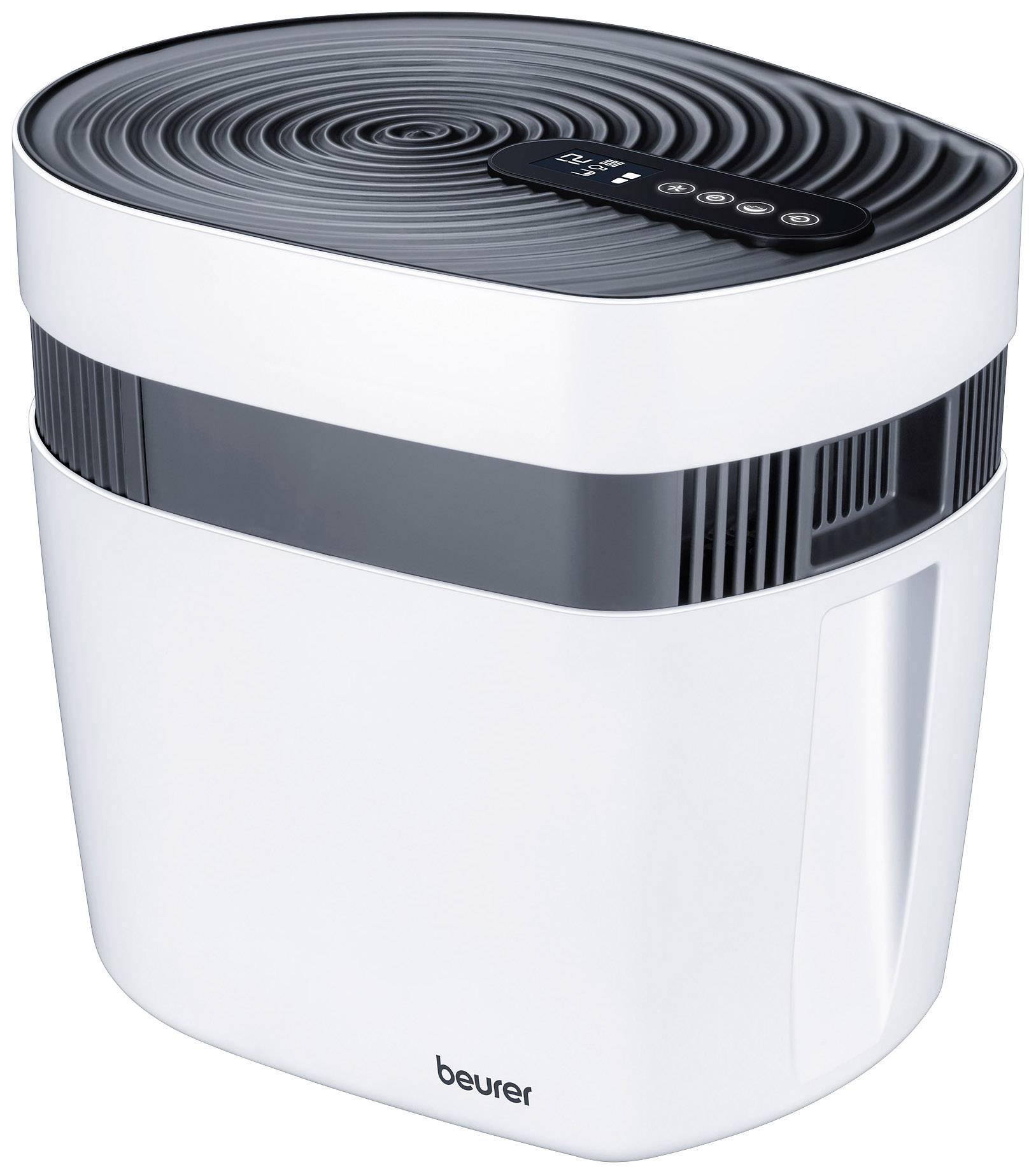 Luftbefeuchter in modernem Design mit Bedienfeld oben und 'beurer' Logo unten. Geeignet für die Verbesserung der Raumluftqualität.