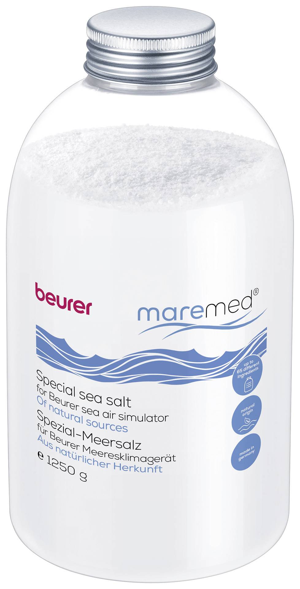 Eine Flasche mit 1250 g Spezial-Meersalz der Marke 'beurer maremed' zur Verwendung im Meeresklimagerät, zur Verbesserung der Luftqualität.