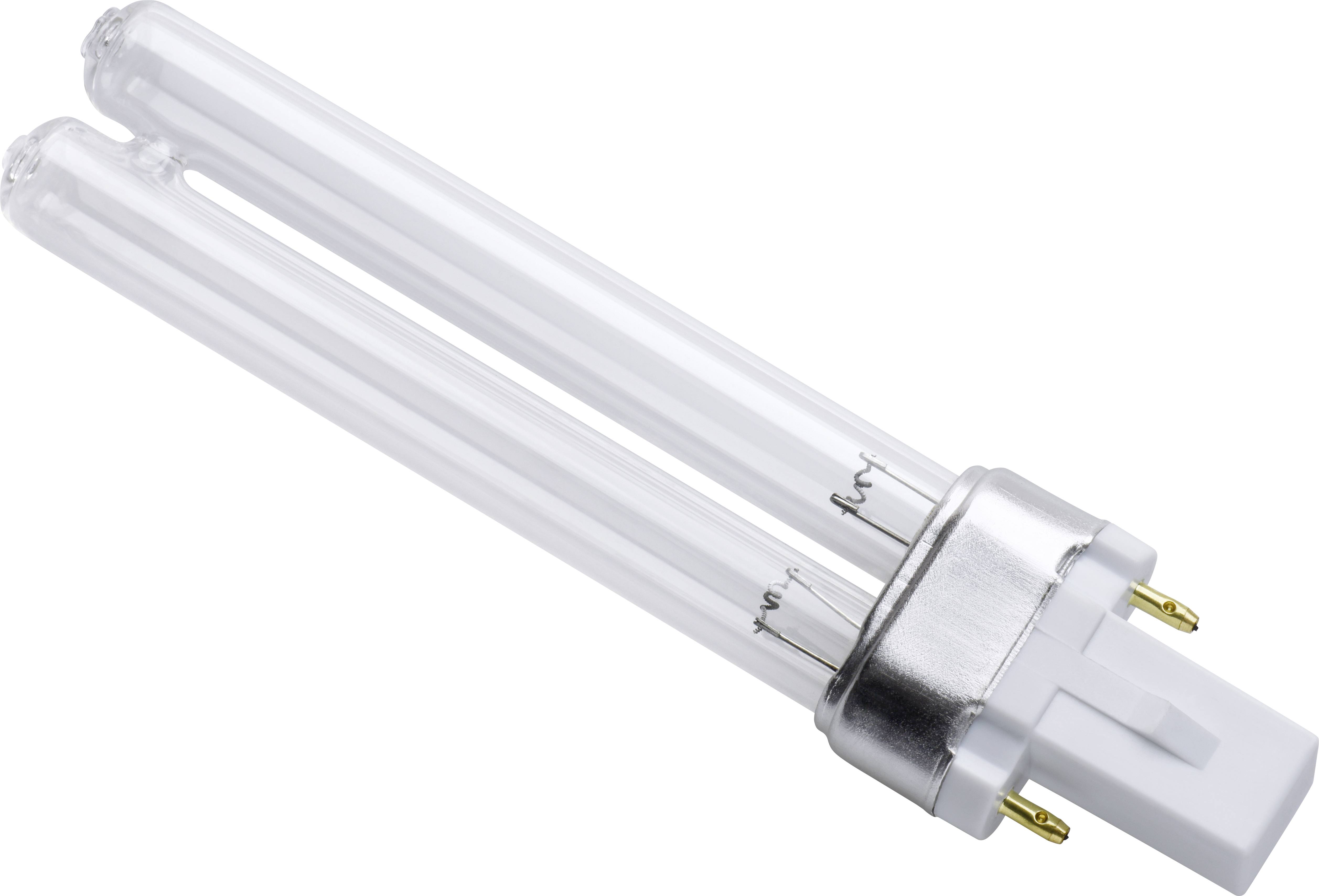 Eine Energiesparlampe mit zwei Röhren und einem G23-Sockel liegt auf einer glatten Oberfläche.