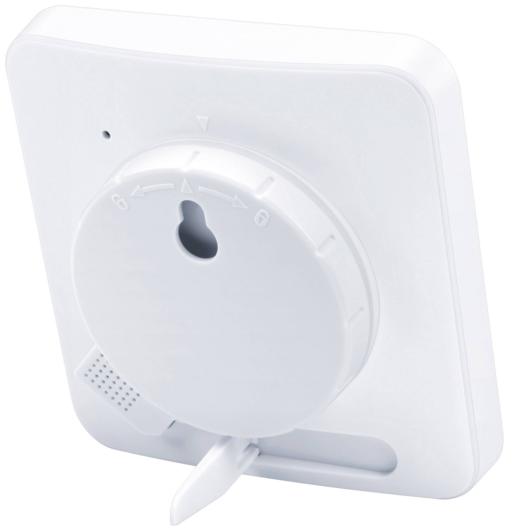 Rückansicht eines weißen Rauchmelders mit einem runden Testknopf und einer Öffnung für die Wandmontage.