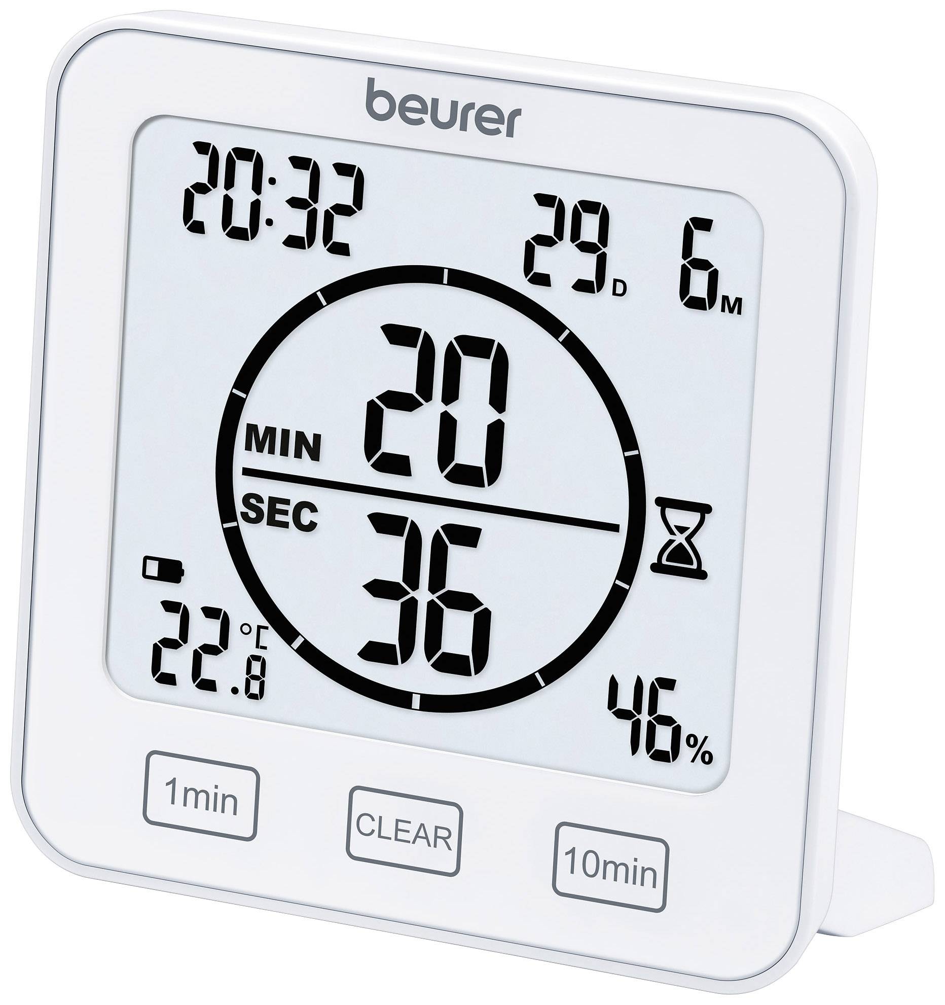 Digitaler Küchentimer mit Uhrzeit, Temperaturanzeige (22,2°C), Luftfeuchtigkeit (46 %), Countdown-Bildschirm und Bedienknöpfen.