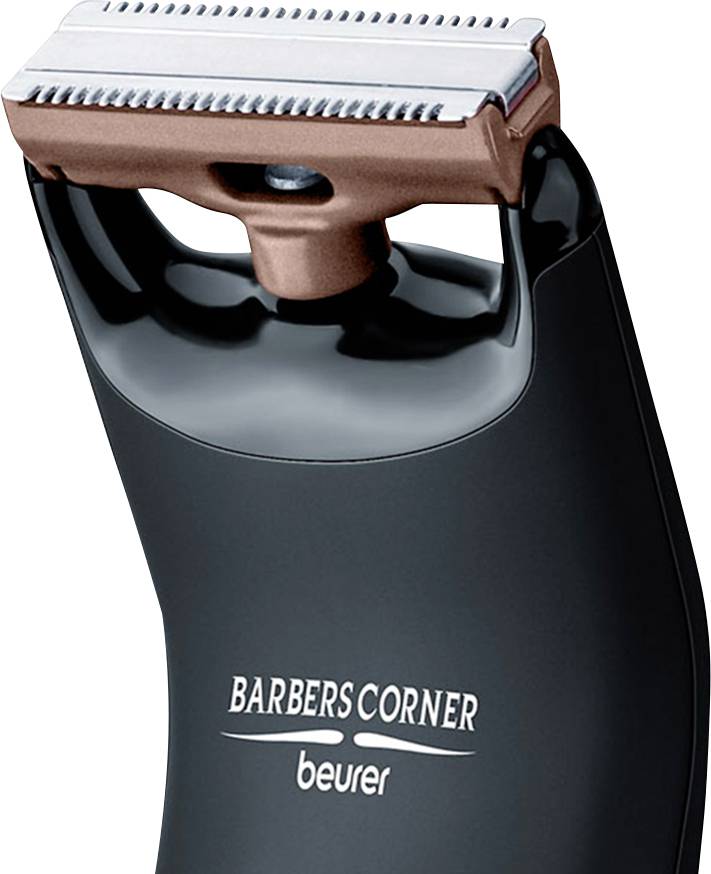 Elektrischer Haarschneider in Schwarz mit 'Barbers Corner' und 'beurer' Aufschrift auf der Vorderseite.