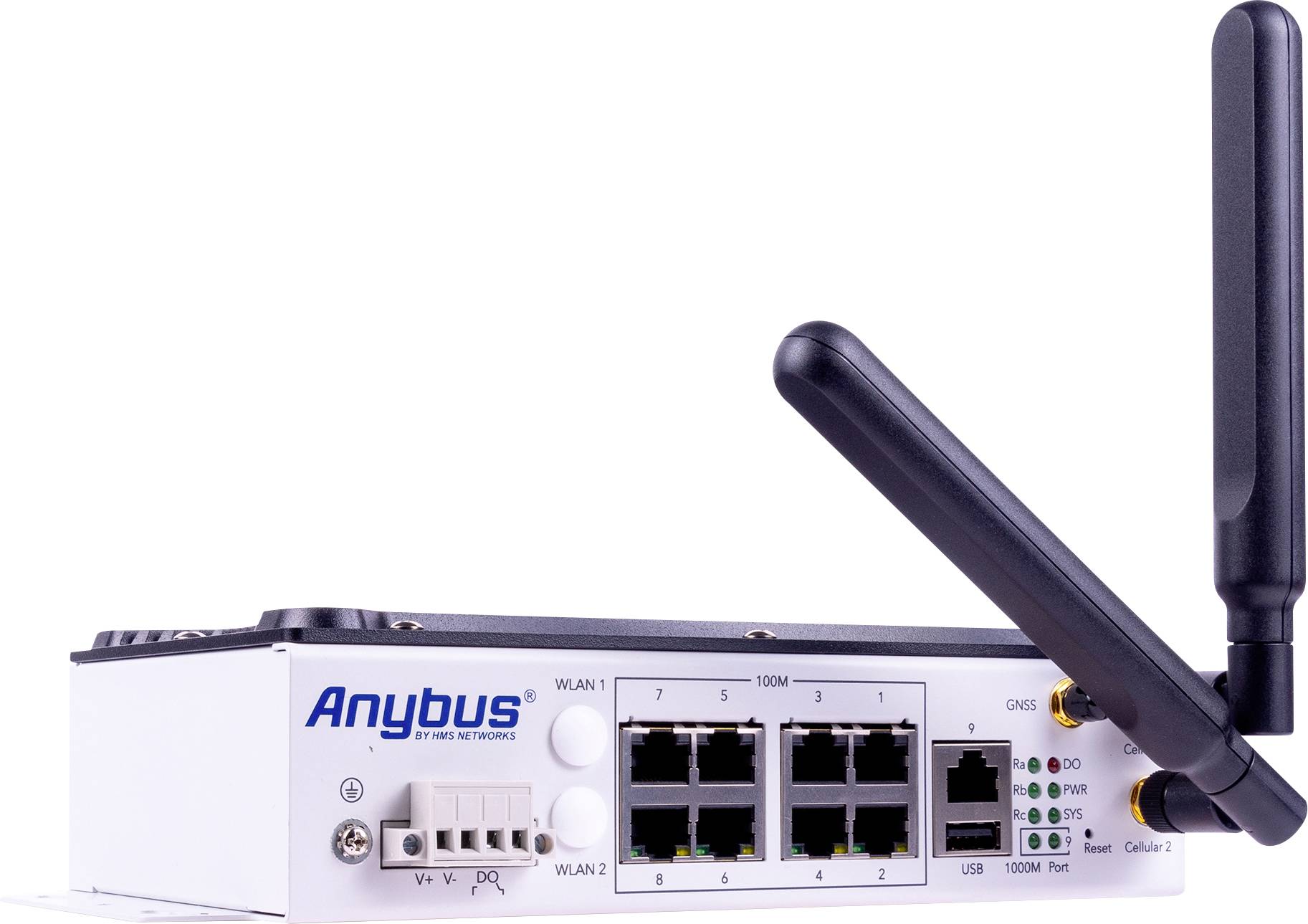 Ein weißes Netzwerkgerät mit mehreren Ethernet-Ports, zwei großen schwarzen Antennen und der Aufschrift 'Anybus' auf der Vorderseite.