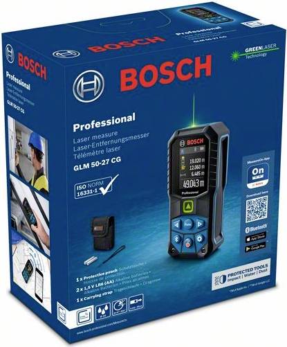 Verpackung eines Bosch Laser-Entfernungsmessers GLM 50-27 CG mit Bluetooth und belastbarem Gehäuse. Funktionen und Zubehör abgebildet.