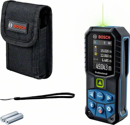 Bosch Entfernungsmesser mit digitalem Display zeigt Messung von 49,043 m an. Enthält Trageschlaufe, Tasche und Batterien.