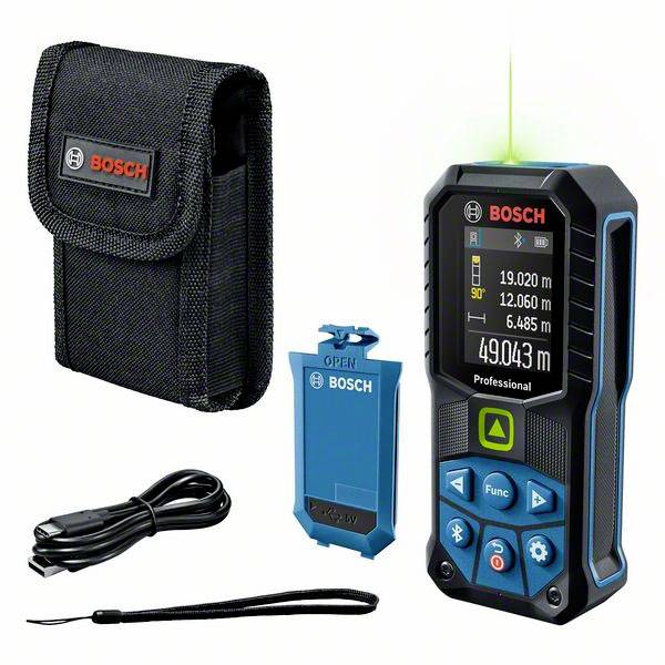 Bosch Entfernungsmesser-Set: Laser-Entfernungsmesser mit Bildschirm, Schutzhülle, USB-Kabel, Abdeckung und Handschlaufe. Messung bis 150 m.