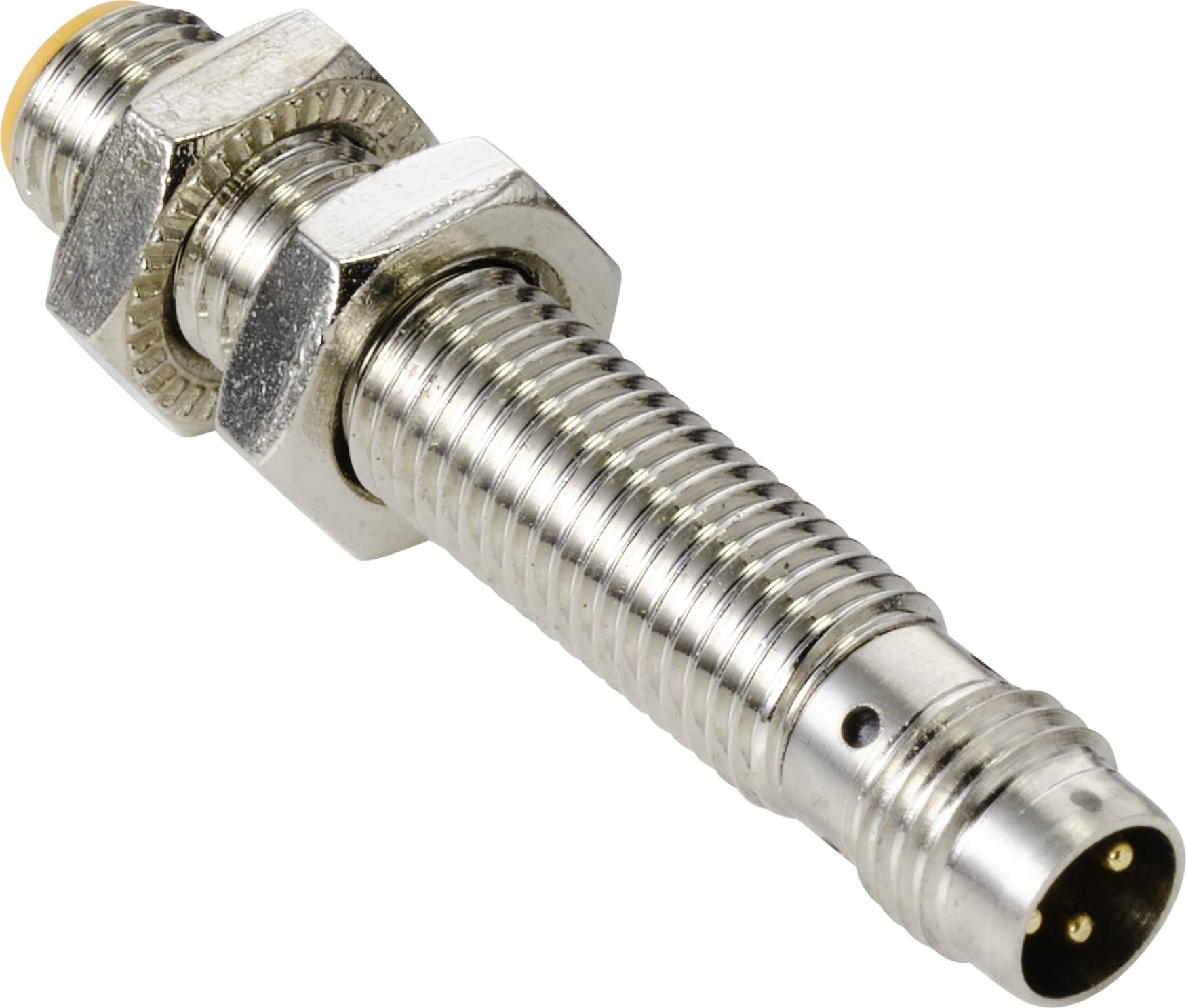 Metallischer zylindrischer Steckverbinder mit mehreren Rillen und einer Buchse an einem Ende, geeignet für industrielle Anwendungen.