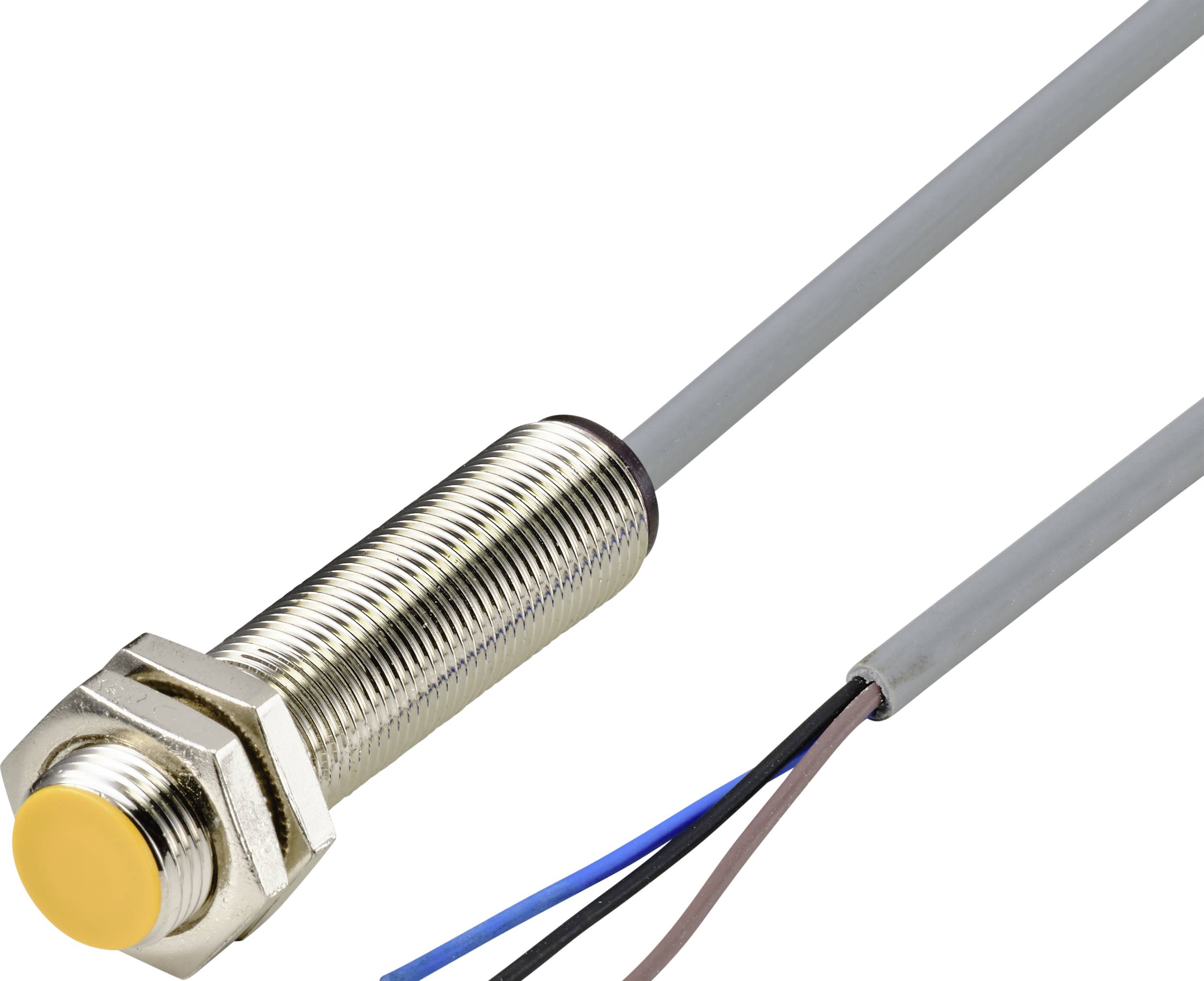 Ein zylindrischer, metallischer Näherungssensor mit gelber Kappe und drei Kabeln zur elektrischen Verbindung.