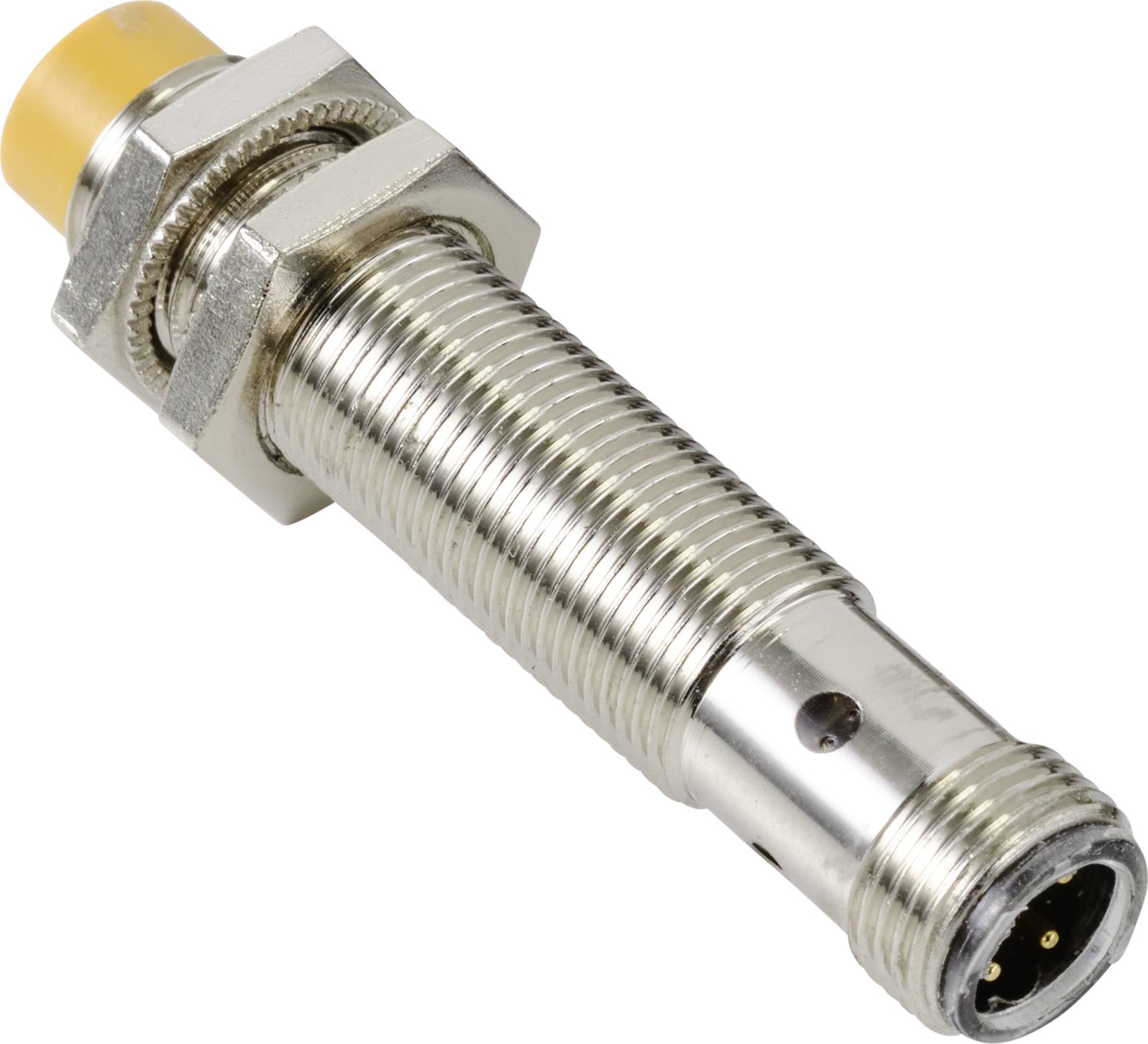 Ein zylindrischer, metallischer Sensor mit gelber Spitze und einem 4-poligen Anschluss an einem Ende.