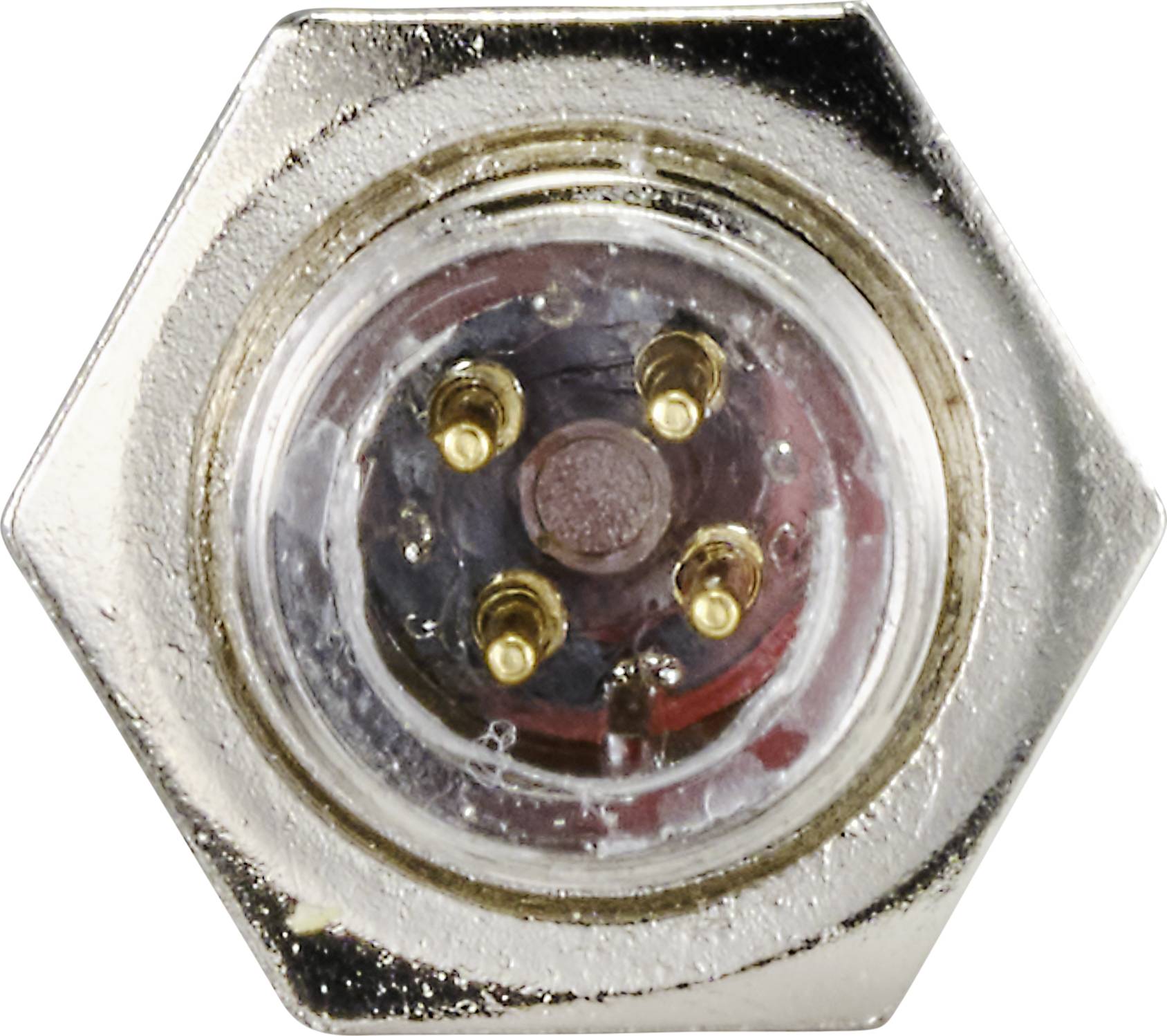 Ein sechseckiger Metallstecker mit vier goldenen Stiften in der Mitte. Der Stecker ist für elektronische Verbindungen bestimmt.