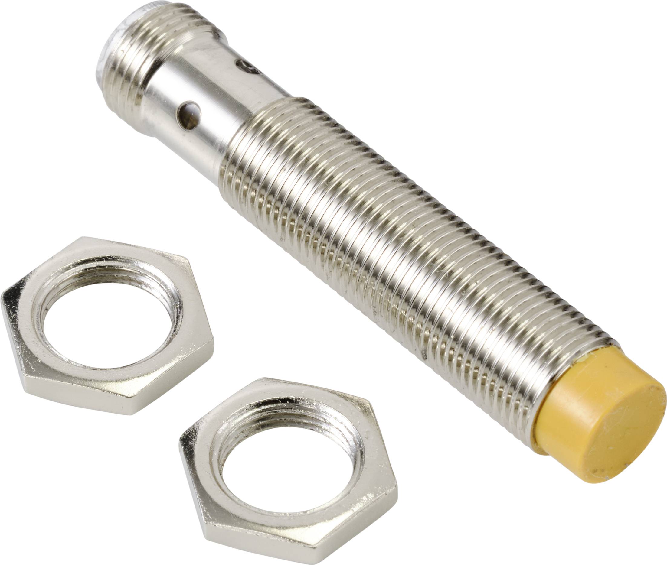 Ein zylindrischer Metallzylinder mit gerippter Oberfläche und orangefarbener Spitze, daneben zwei sechseckige Muttern.