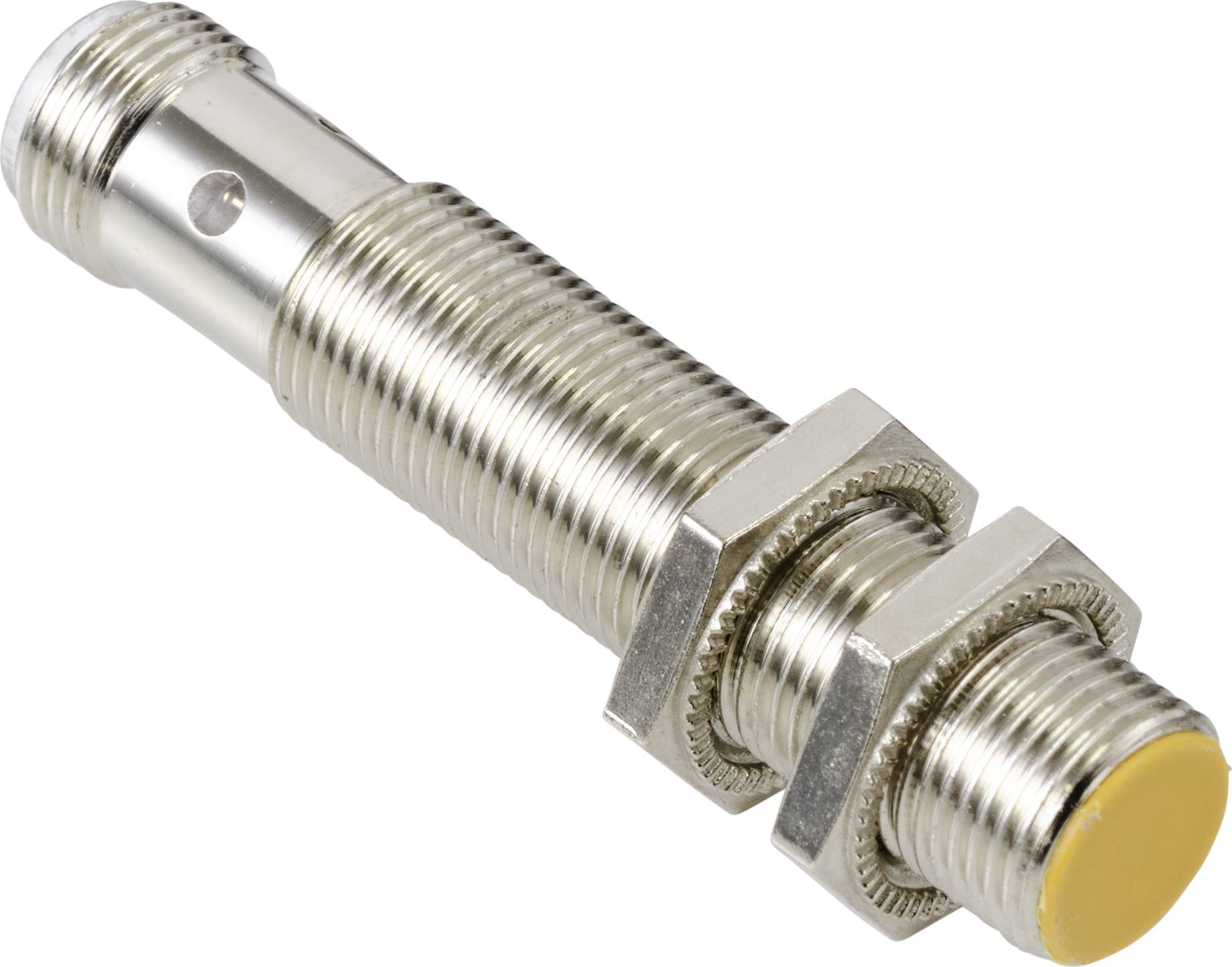 Ein zylindrischer, metallischer Abtastsensor mit Schraubengewinde und gelber Kappe, verwendet in berührungslosen Schaltsystemen.
