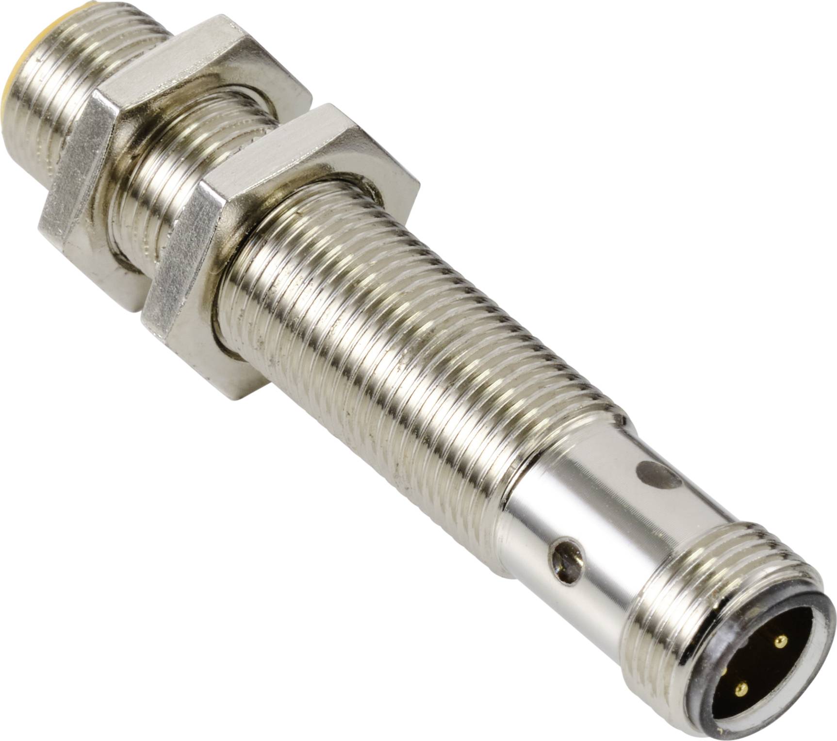 Ein metallischer Zylindersensor, oft in industriellen Anwendungen zur Positions- oder Abstandsmessung verwendet.