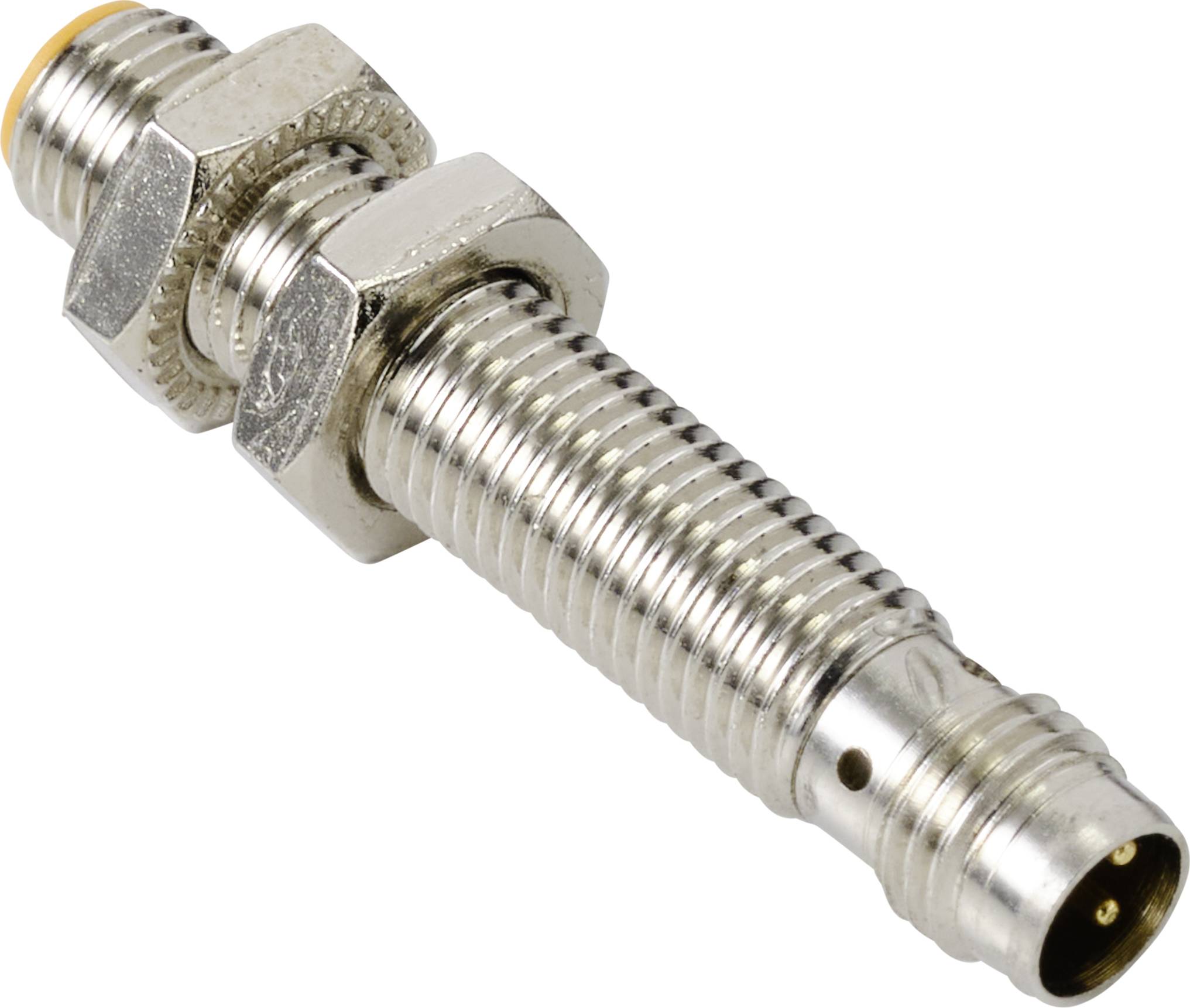 Ein zylindrischer Metallstecker mit Gewinde und mehreren Rillen, vermutlich für elektrische Verbindungen.