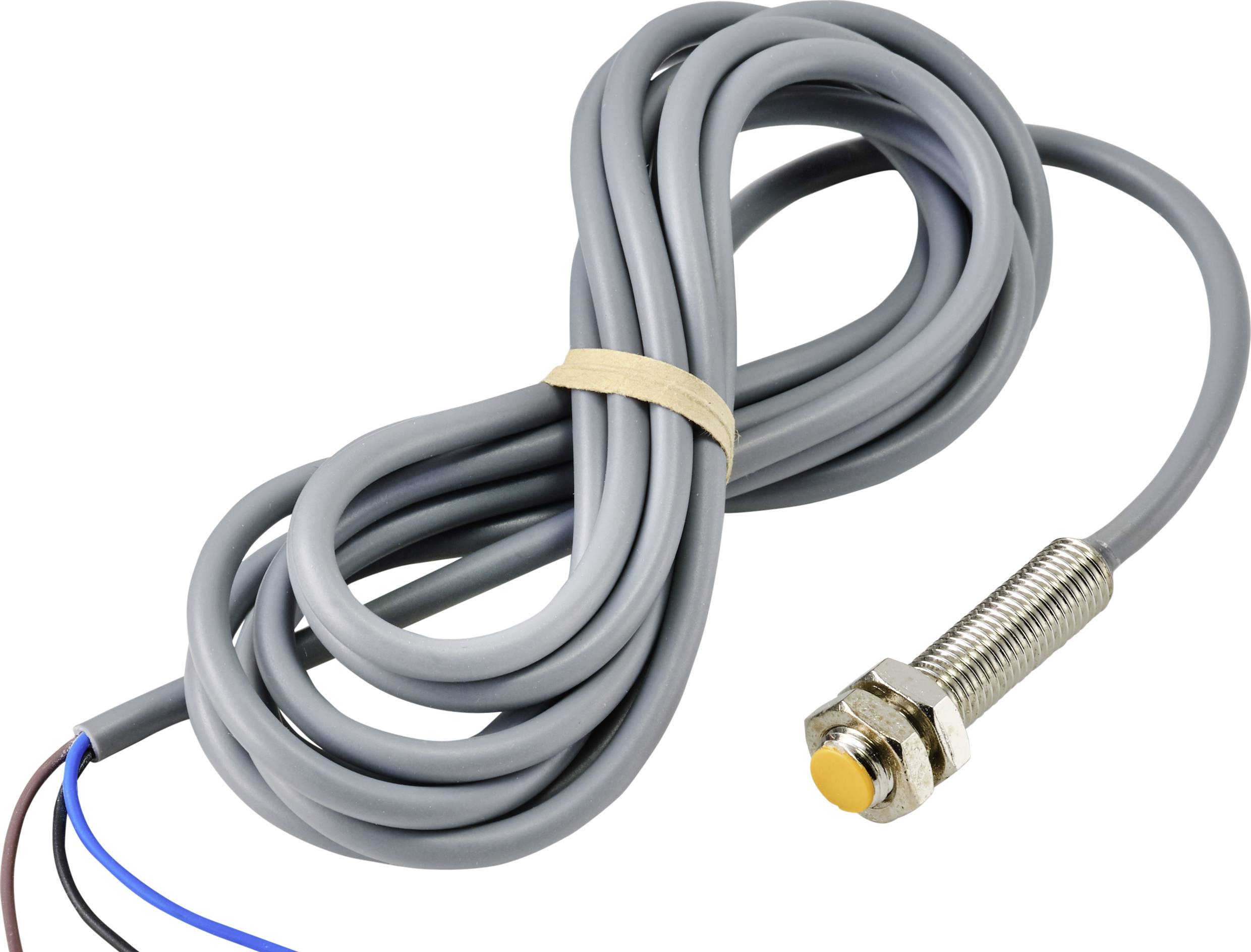 Graues Kabel mit einem am Ende befestigten zylindrischen Sensor. Der Sensor hat eine goldene Spitze. Kabel ist aufgewickelt.