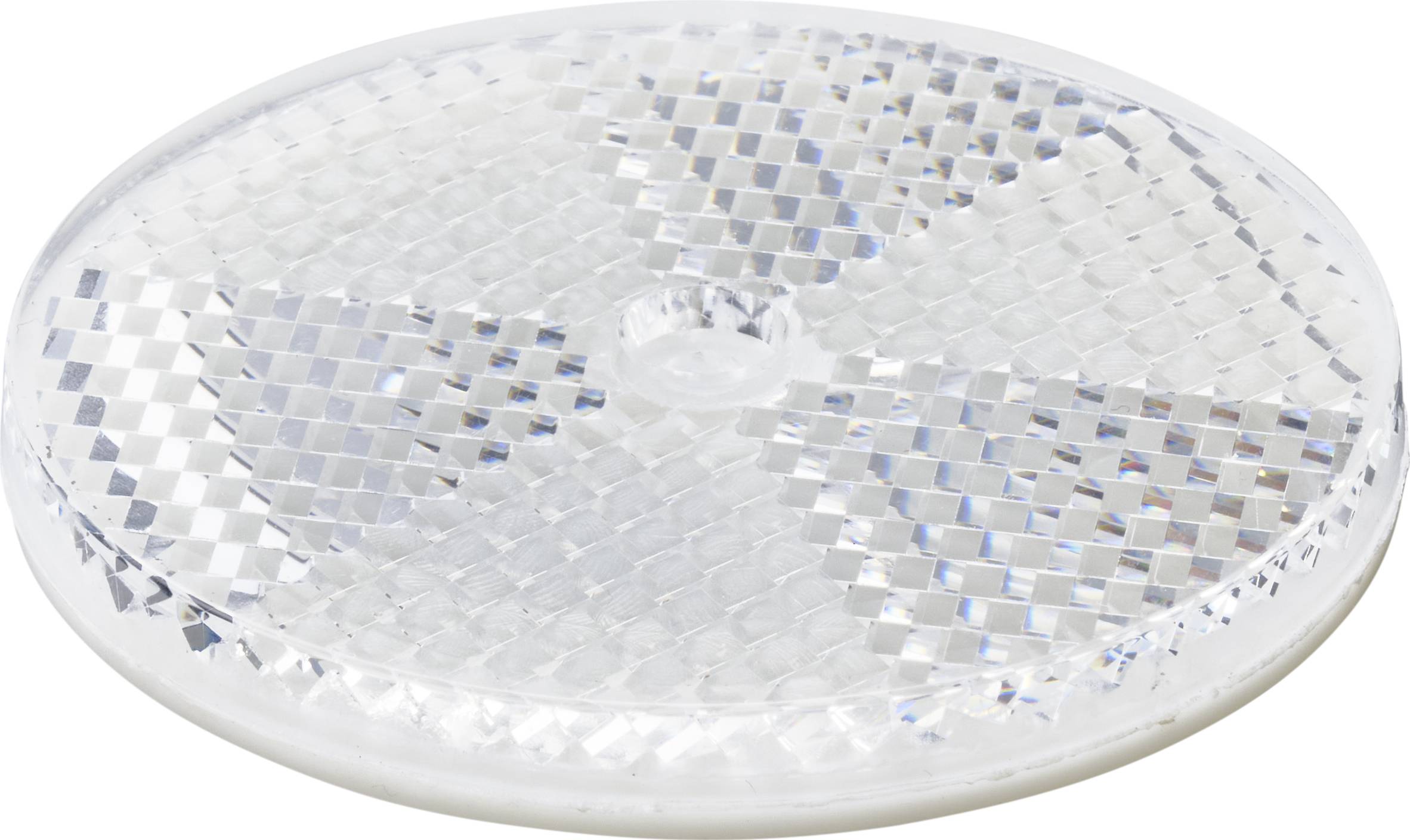 Runder, transparenter Reflektor mit quadratischem Muster, das Licht reflektiert. Geeignet für Sicherheits- oder dekorative Zwecke.