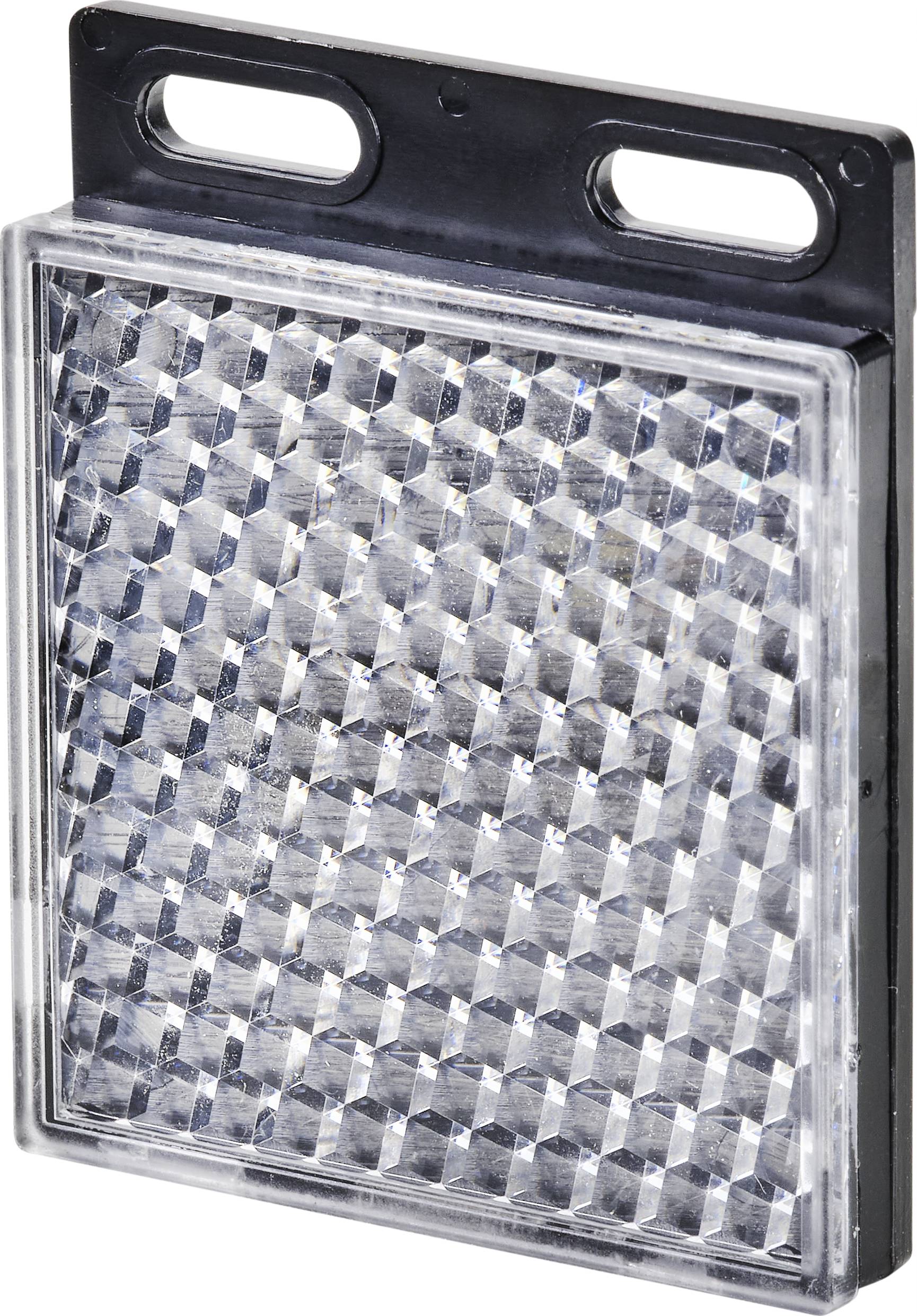 Ein rechteckiger, reflektierender Katzenaugenspiegel mit wabenartiger Struktur in einem schwarzen Rahmen, vermutlich zur Sicherheit.