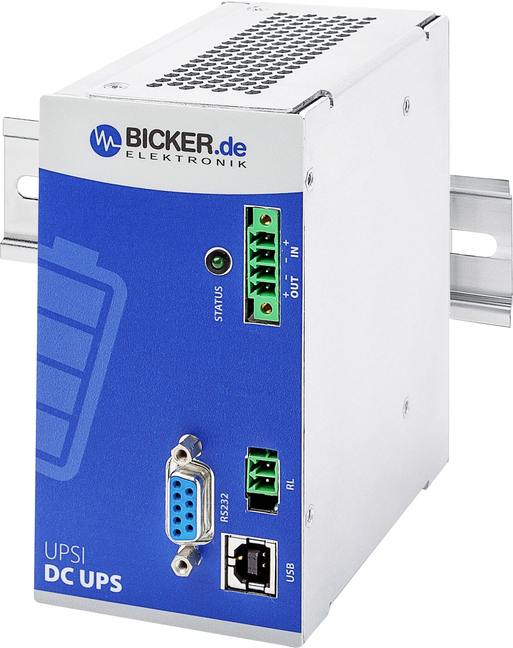 DC-USV-Gerät von Bicker Elektronik, blau-weiß, mit Anschlüssen für USB, RS-232, IN, OUT und RL. Geeignet zur Sicherung bei Stromausfall.