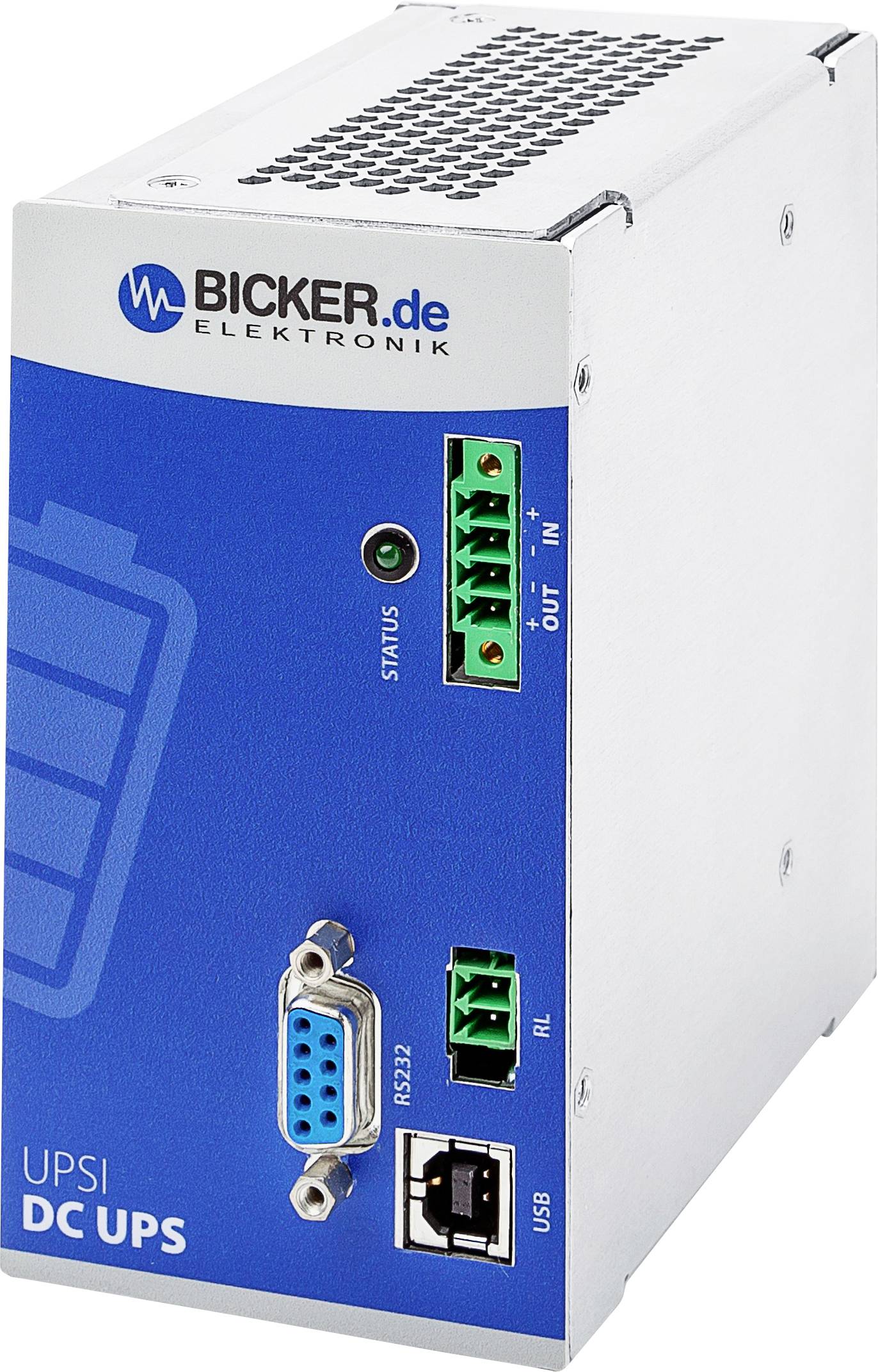 Ein DC-USV-Gerät von Bicker Elektronik mit Anschlüssen für RS232, RL und USB. Es zeigt eine Statusanzeige und die Marke 'Bicker.de'.