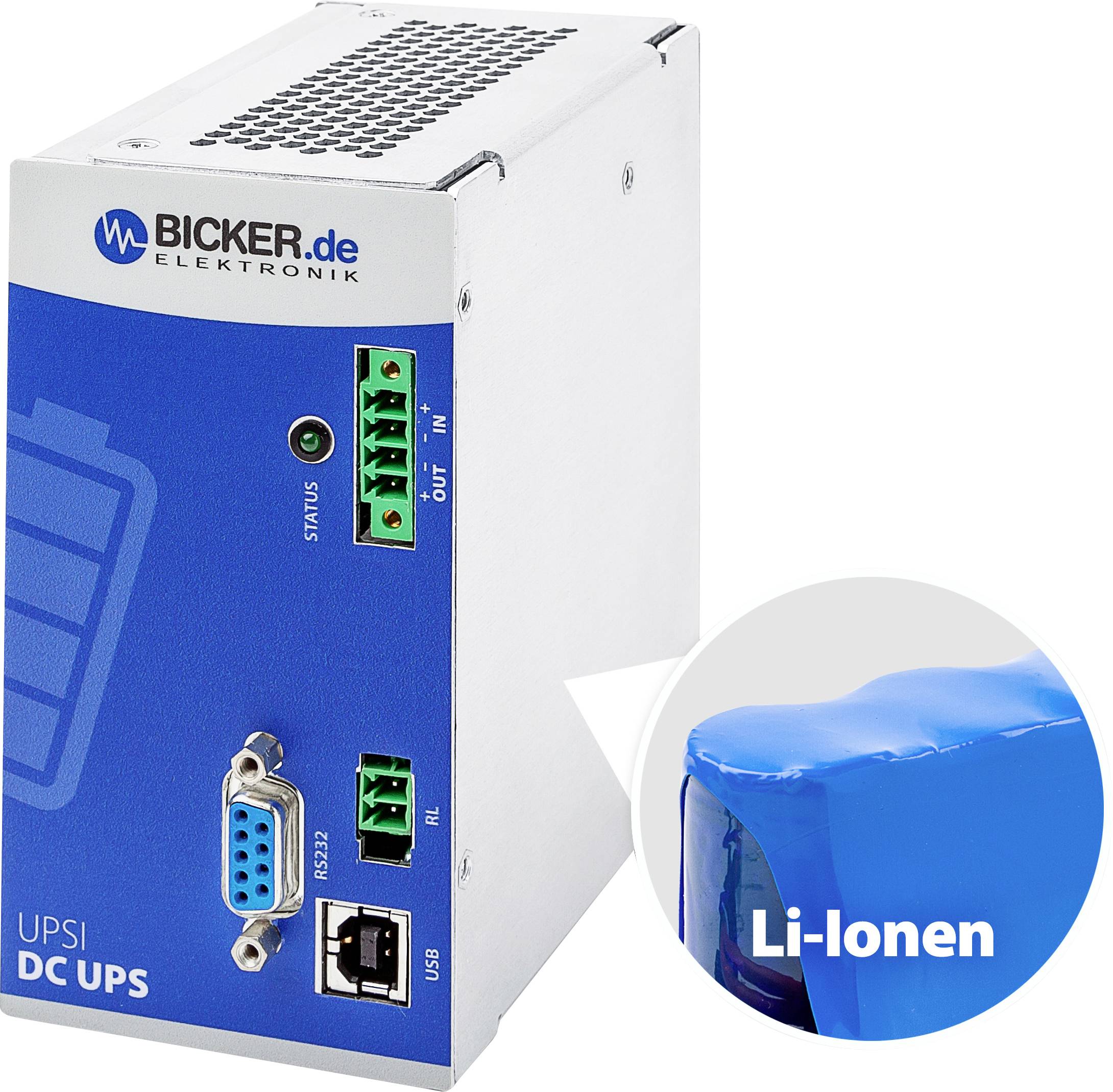 Gehäuse einer Bicker Electronics DC-USV, RS232, USB-Anschluss; abgebildet ist auch ein blaues, zylindrisches Li-Ionen-Batteriemodul.