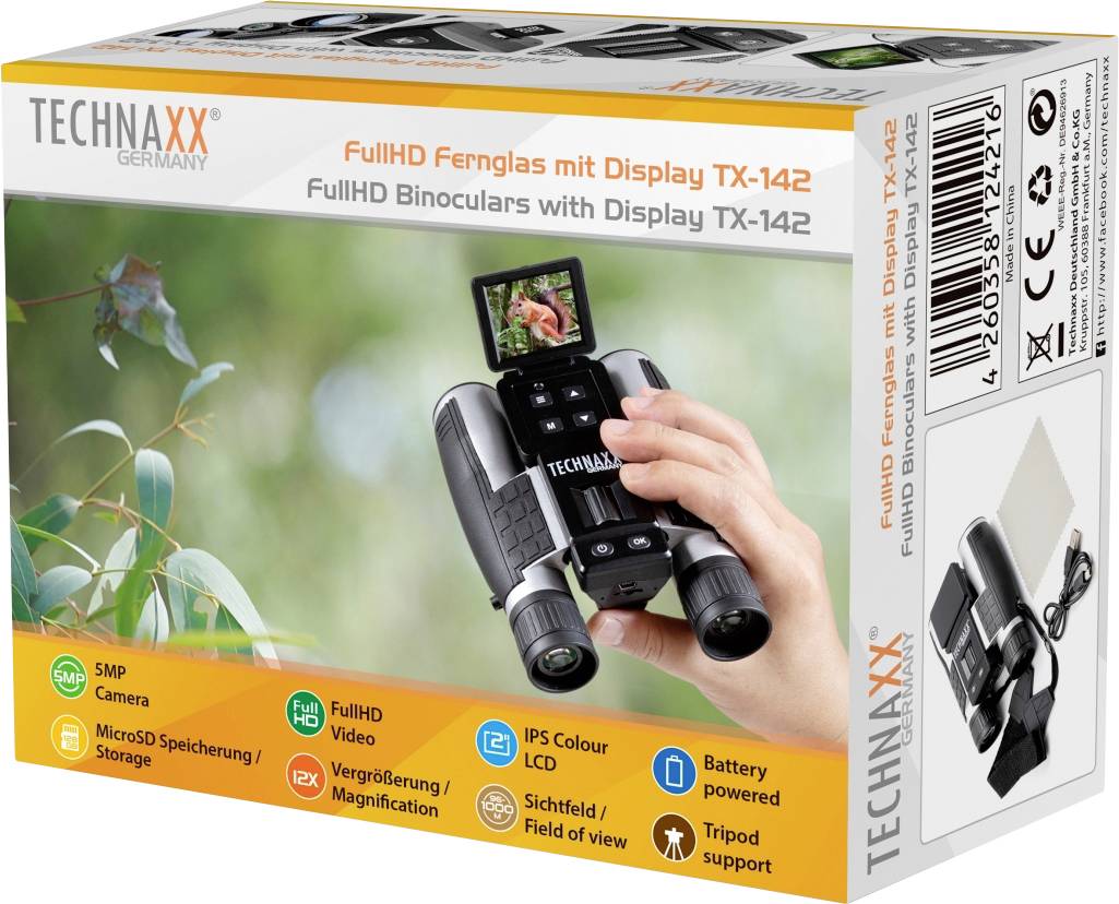 'TECHNAXX FullHD Fernglas mit Display TX-142' Verpackung. Präsentiert ein Fernglas mit Bildschirm, Kamerafunktionen und technischen Details.