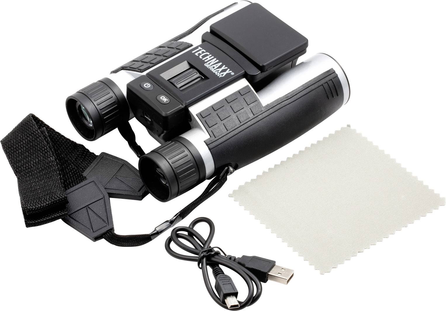 Ein Fernglas mit integriertem USB-Anschluss und Kamera. Neben dem Fernglas liegt ein USB-Kabel und ein Reinigungstuch.