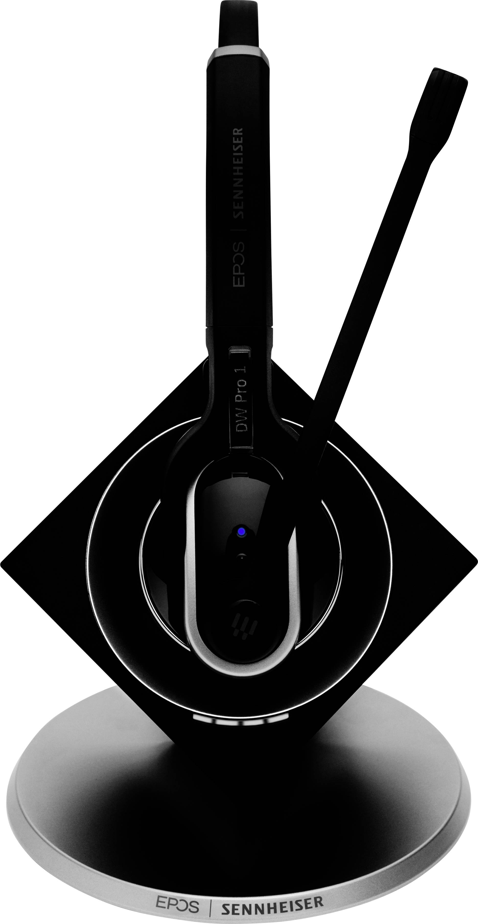 Kabelloses EPOS Sennheiser Headset auf Ladestation. Mikrofonarm ausgeklappt, Leuchtanzeige aktiv. Geeignet für Büroanwendungen.