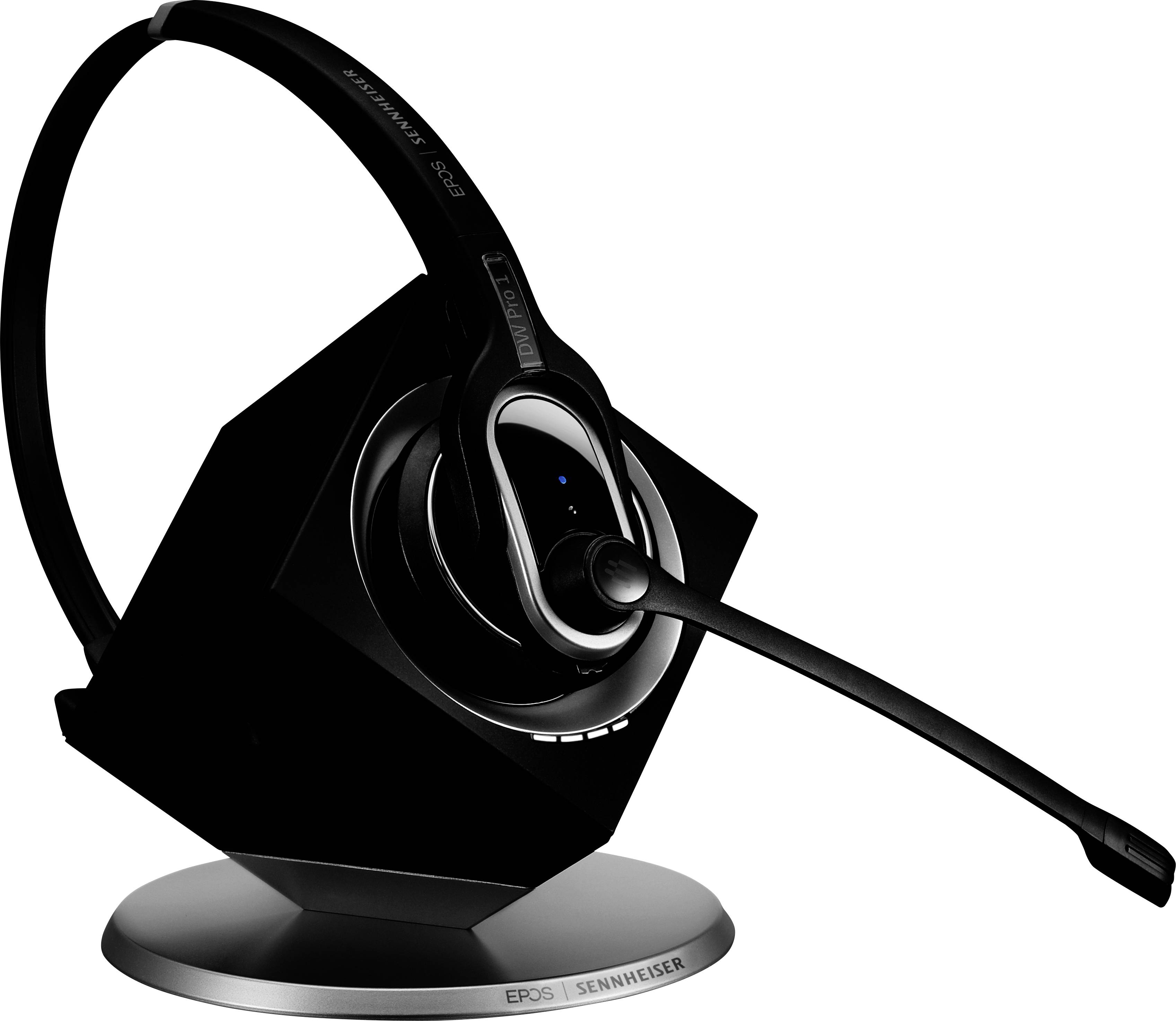 Kabelloses Headset mit Mikrofon, auf einer stilvollen Ladestation montiert, geeignet für Büro- und Kommunikationsanwendungen.