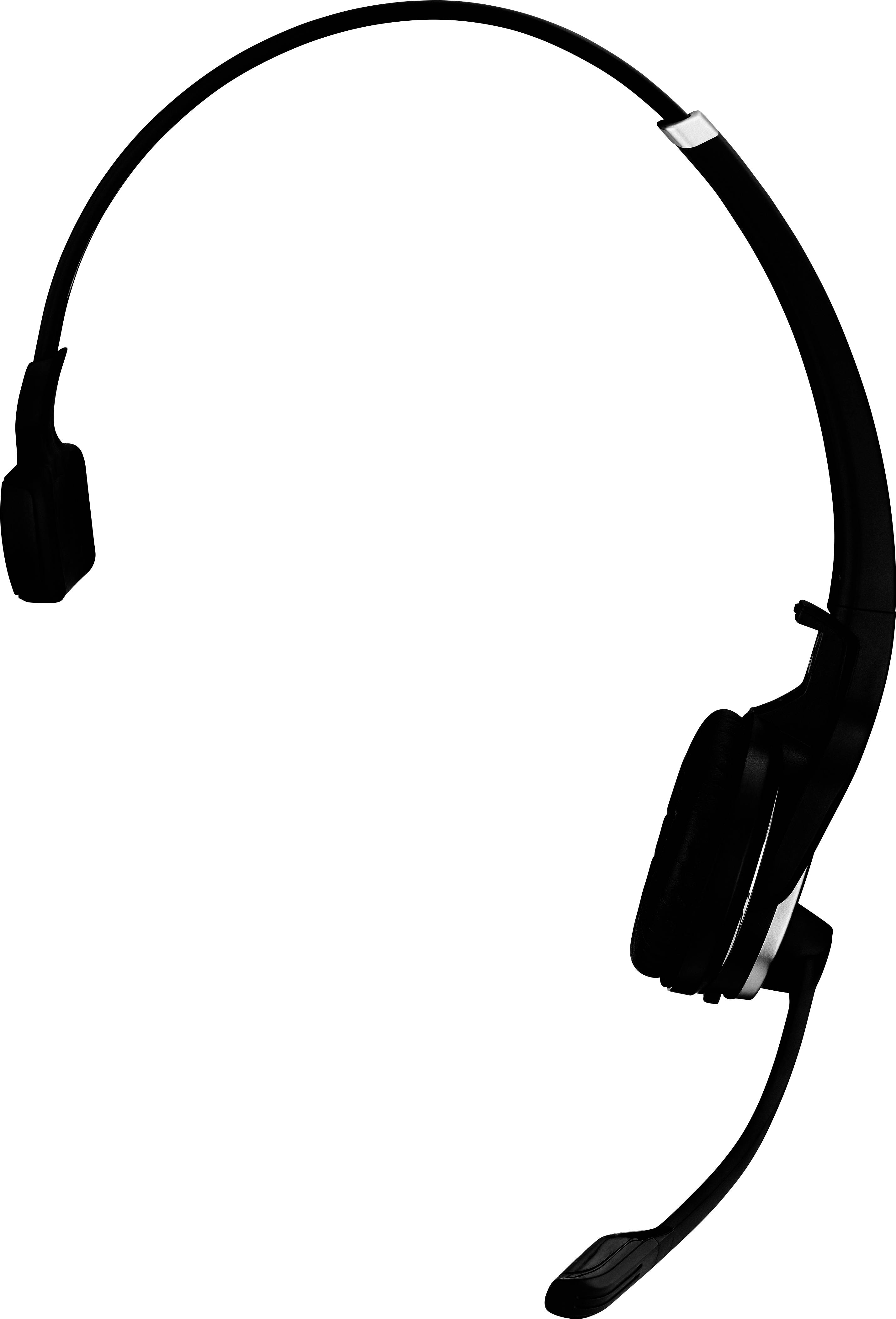 Schwarzes, einseitiges Headset mit Mikrofon, geeignet für Telefonate oder Online-Meetings, zeigt modernes Design und Tragbarkeit.