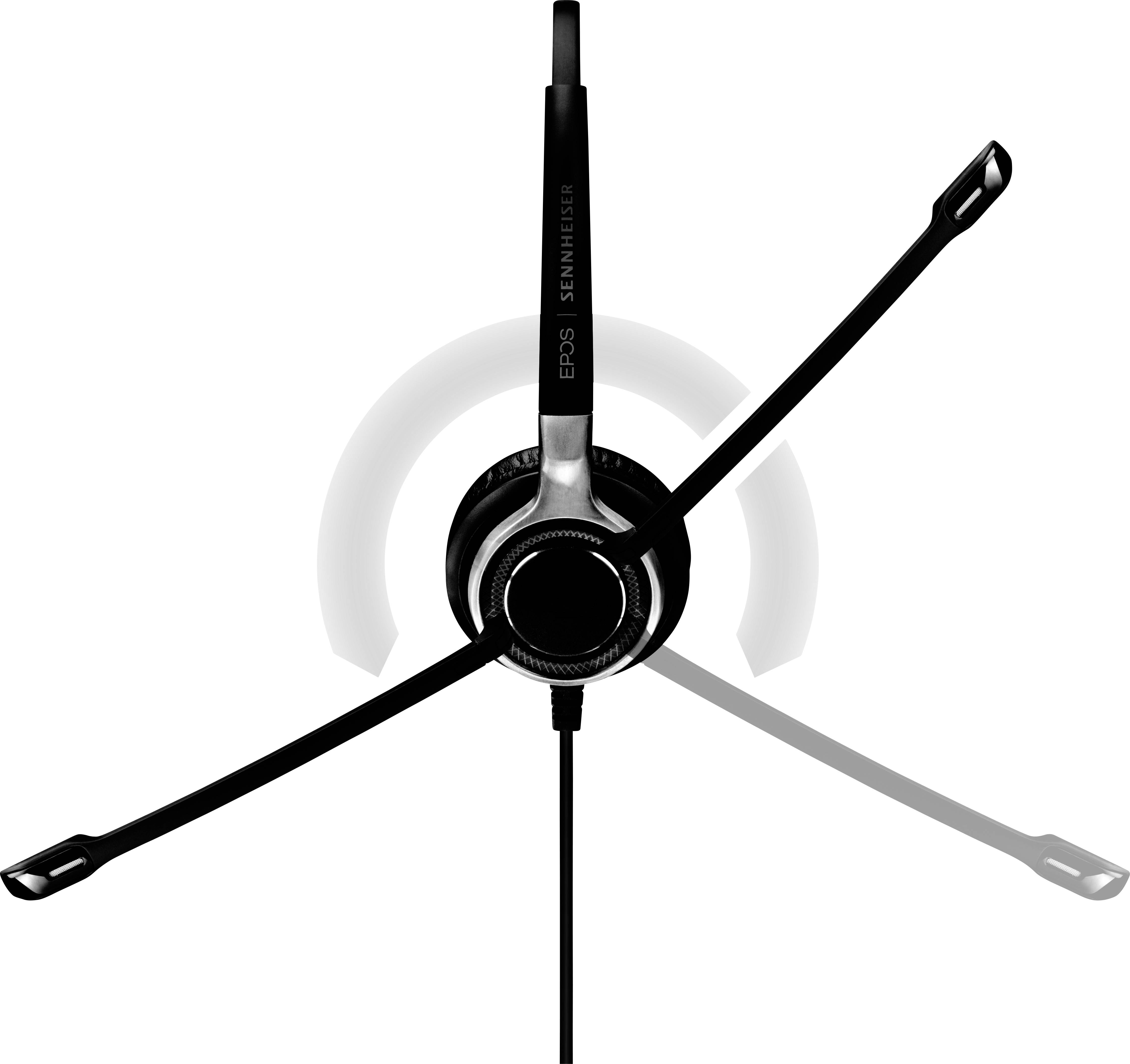 Kopfhörer von oben gesehen, schwarz mit dünnem Mikrofonbügel, modernes Design, geeignet für Büro- oder Gaming-Einsatz.