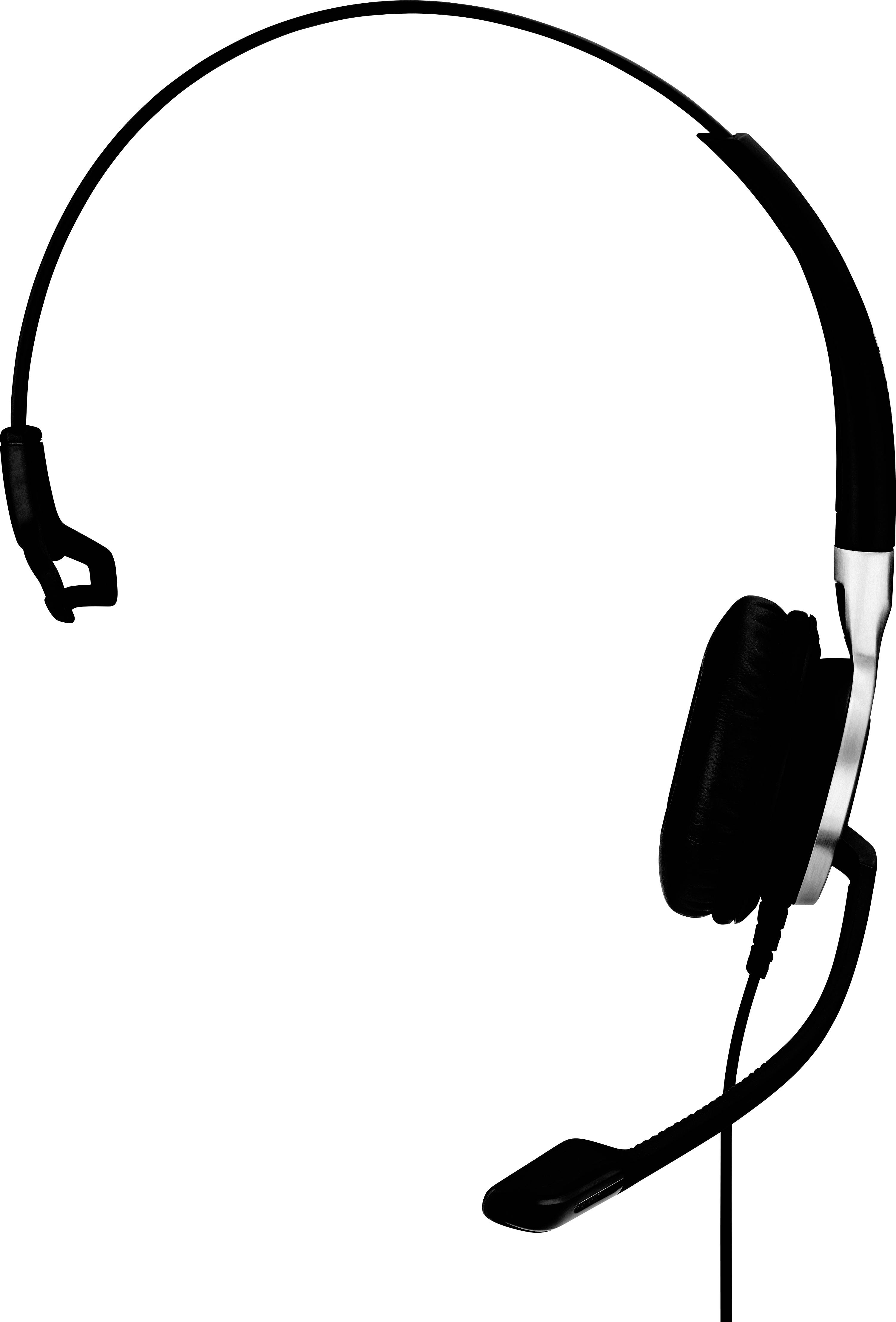 Ein schwarzes Headset mit einem Mikrofonarm und einem Ohrbügel, geeignet für Telefonate oder Online-Meetings.