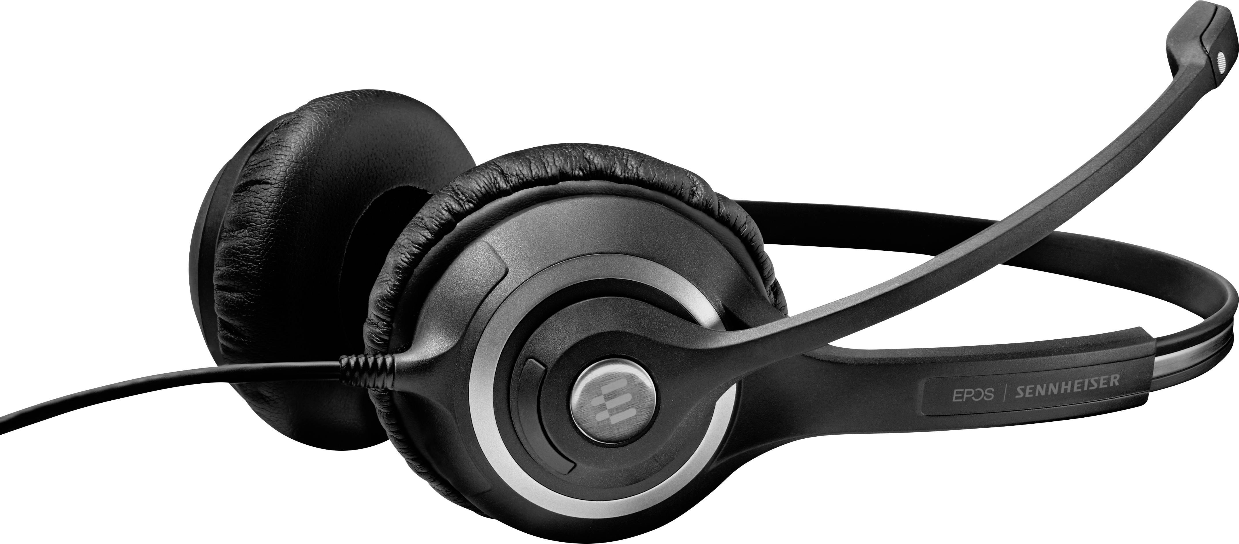 Schwarzes Sennheiser-Headset mit Mikrofon, geeignet für Telefonkonferenzen und klare Audiokommunikation.