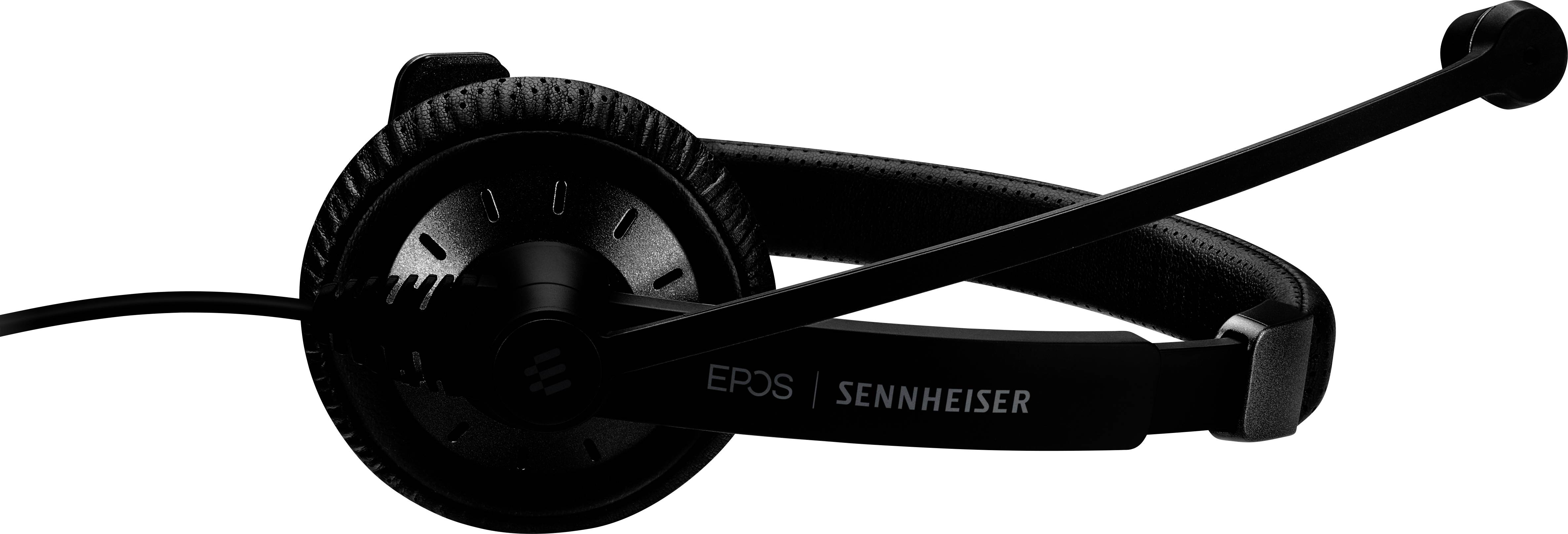 'Schwarzes Headset mit Mikrofonarm, seitlich abgebildet. Markierungen zeigen 