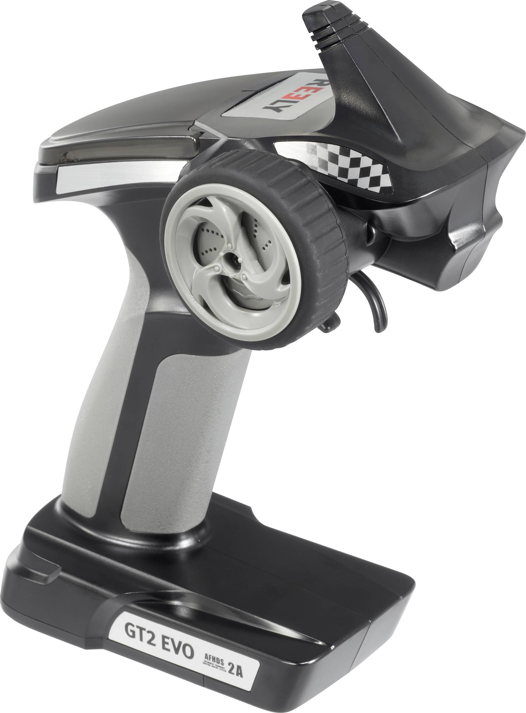 Fernsteuerung mit Lenkrad und Antenne. Beschriftung auf der Basis: 'GT2 EVO Series 2A'. Hauptsächlich in Schwarz und Grau gehalten.