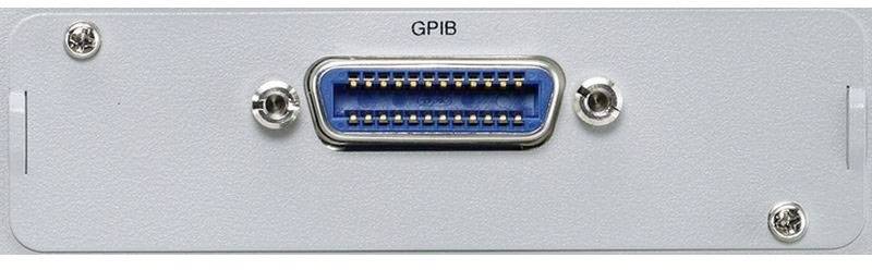 Grau-blaues GPIB-Anschlussfeld mit Metallsteckern, Typ IEEE-488, zur Datenübertragung zwischen elektrischen Geräten.
