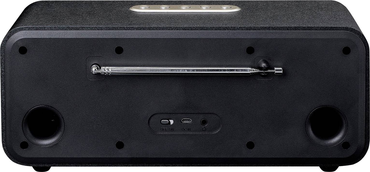 Ein rechteckiger Lautsprecher in Schwarz, Rückansicht. Antenne, USB-Anschluss und Schalter sind sichtbar.