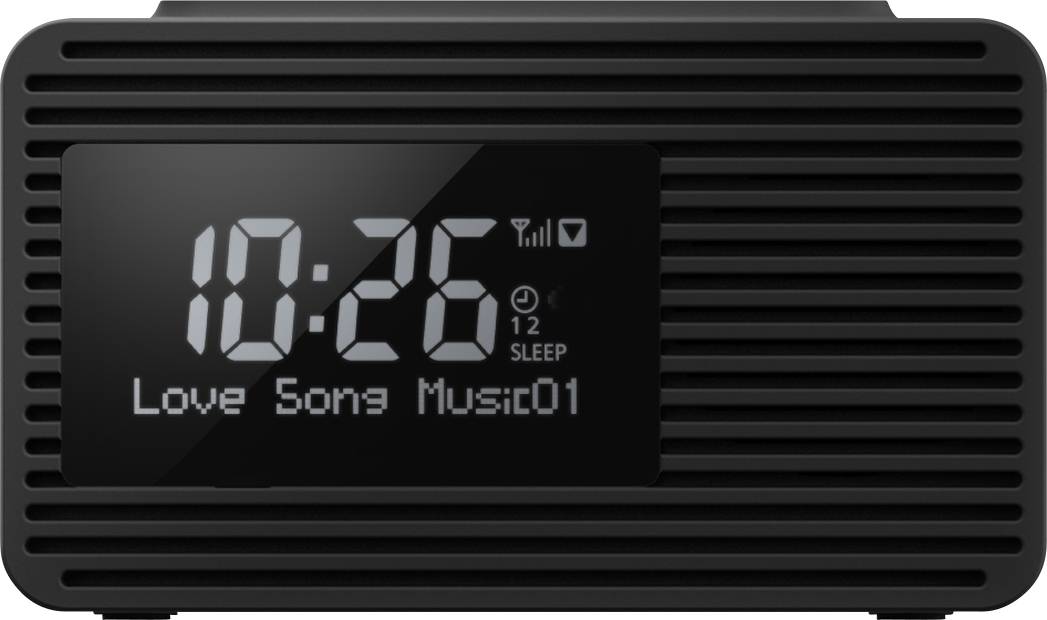 Digitaler Radiowecker: Die Uhrzeit zeigt 10:26 an. Ein Symbol zeigt guten Signalempfang. 'Love Song Music01' wird abgespielt.