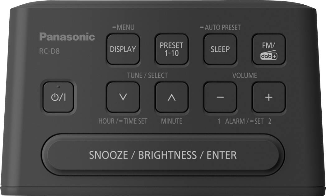 'Panasonic RC-D8' Radiowecker, schwarz, Vorderansicht. Anzeige-, Einstell- und Lautstärketasten sowie 'Snooze/Brightness/Enter'-Taste sichtbar.