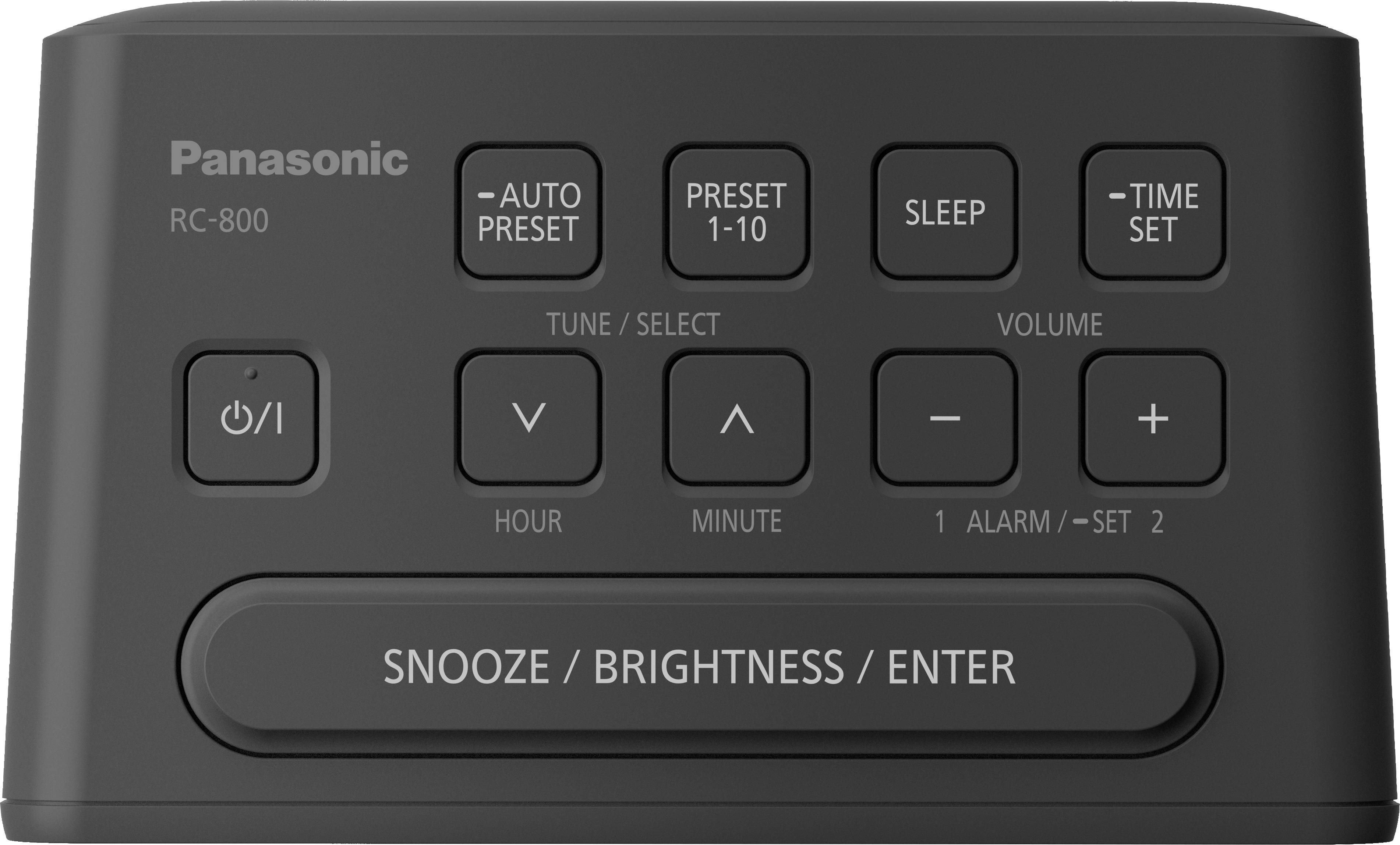 Schwarzer Radiowecker mit Tasten: 'Auto Preset', 'Preset 1-10', 'Sleep', 'Time Set', Lautstärke, 'Snooze/Brightness/Enter', On/Off. Modell Panasonic RC-800.
