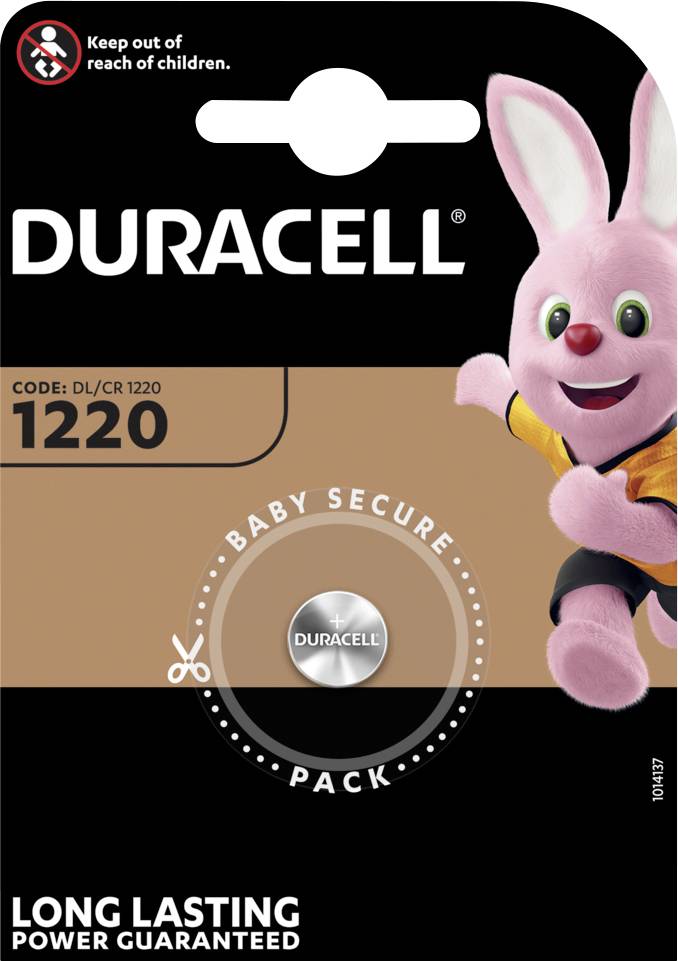 Duracell Knopfzelle 1220 in kindersicherer Verpackung, langlebige Leistung garantiert. Enthält rosafarbenen Hasen als Markenzeichen.
