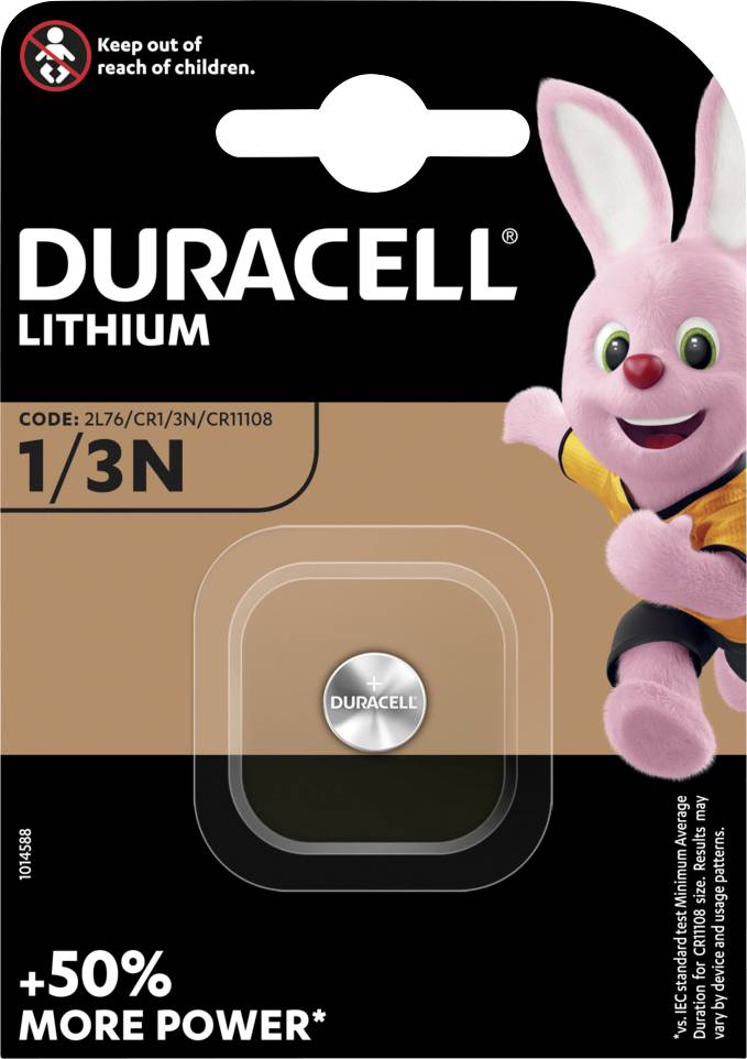 'Duracell Lithium 1/3N' Batterie-Verpackung mit einem rosa Kaninchen. Hinweis: 'Außer Reichweite von Kindern aufbewahren'. +50% mehr Leistung.